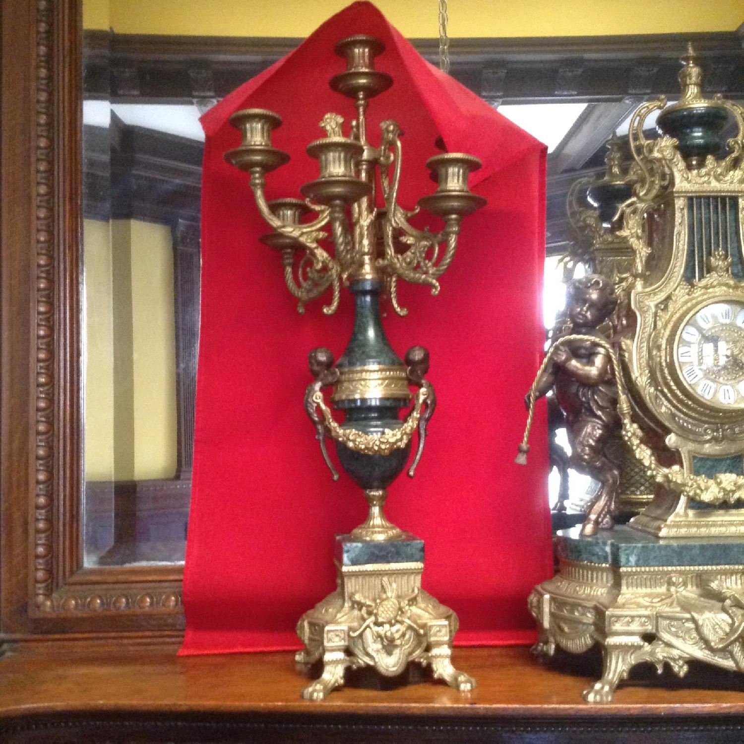 Italian Brevettato Marble Brass Candelabras and Imperial Clock Set - image-16