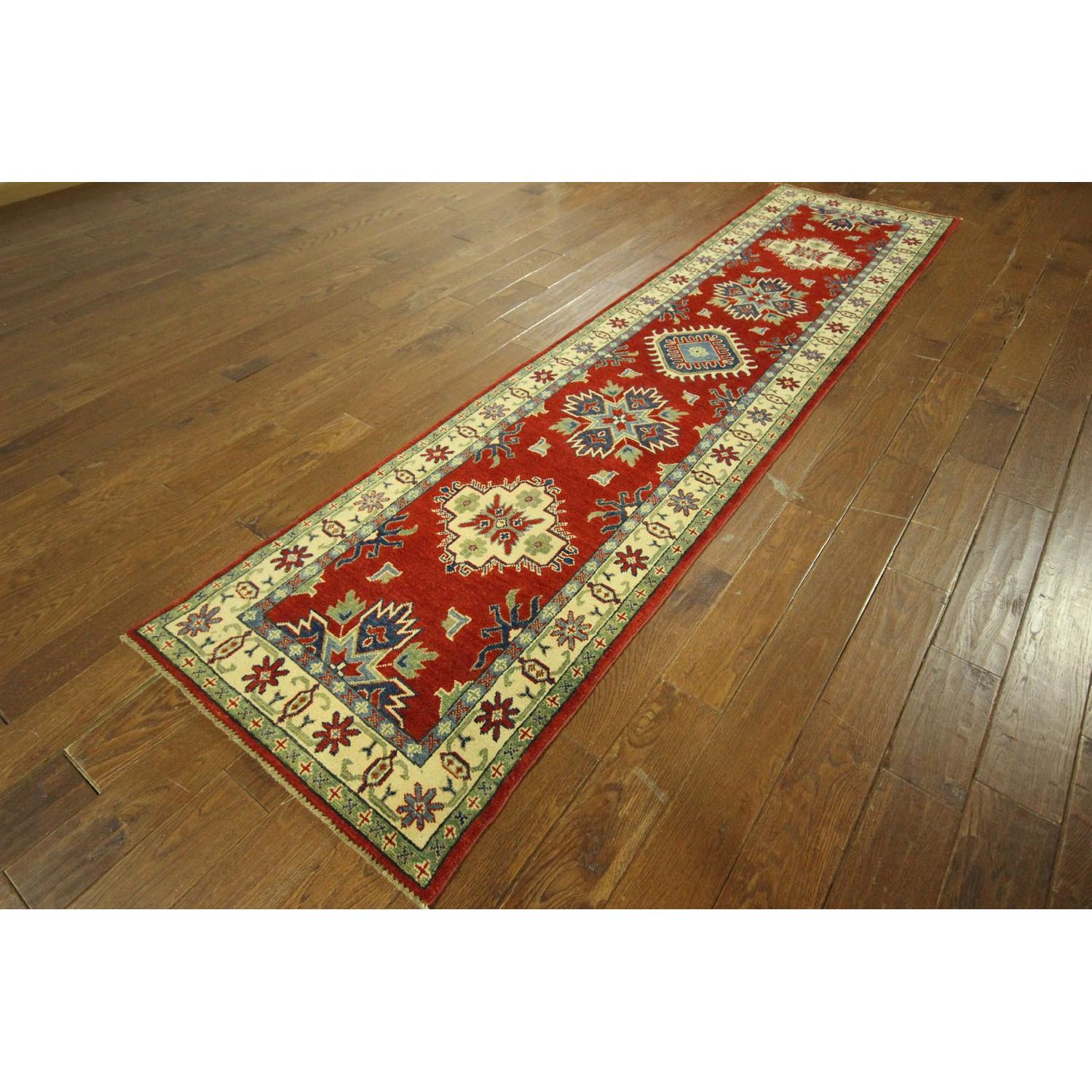 Wool Hand Knotted Super Kazak Runner Red Oriental Area Rug H7887 - image-1