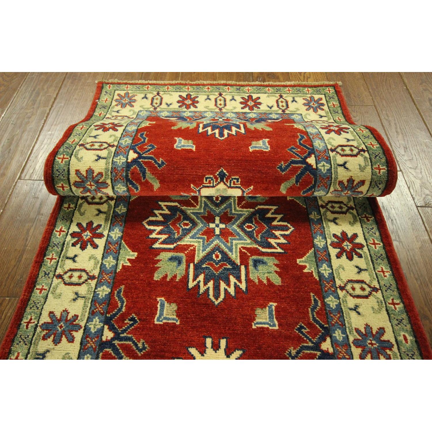 Wool Hand Knotted Super Kazak Runner Red Oriental Area Rug H7887 - image-7