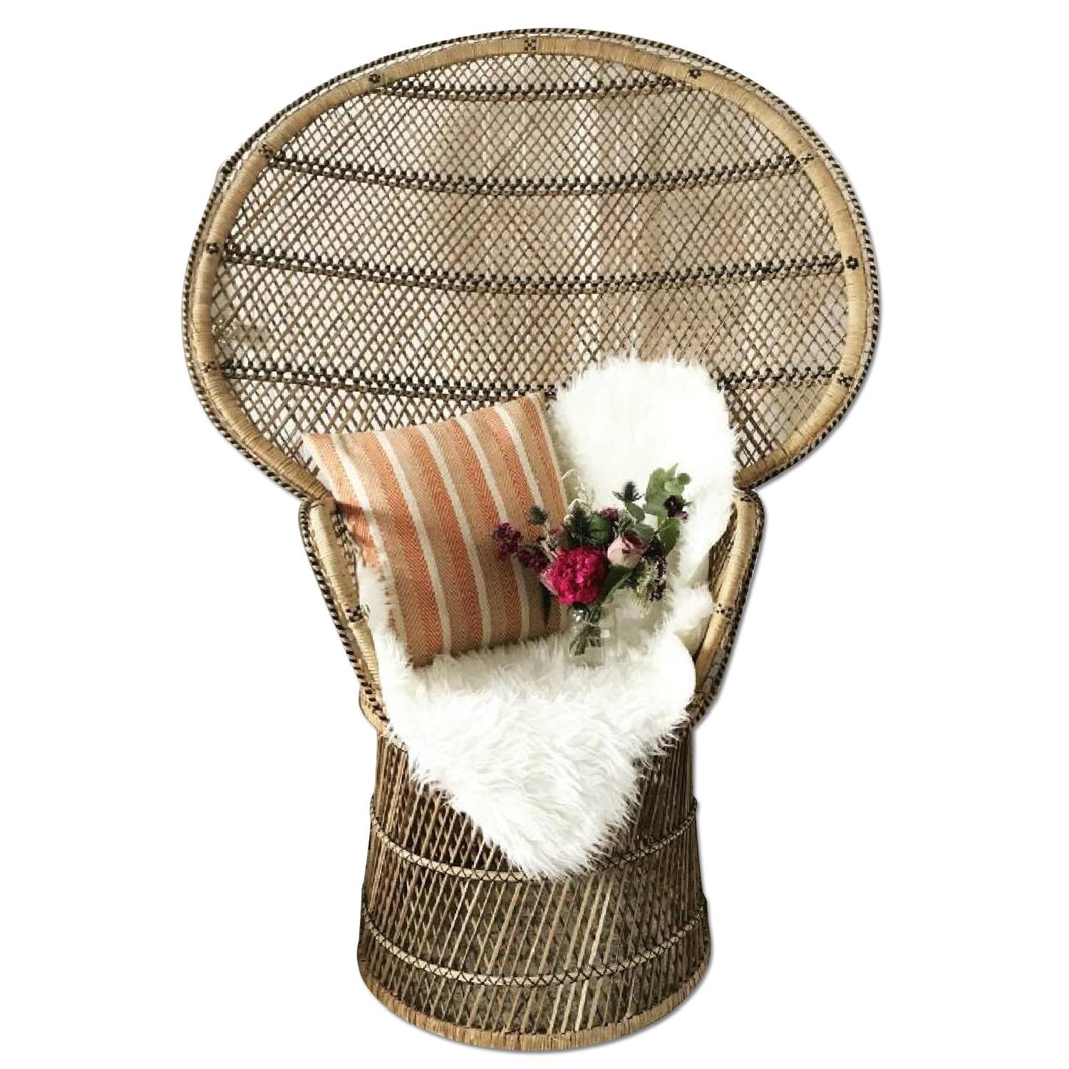 Vintage 70s Wicker Peacock Fan Back Rattan Chair - image-0