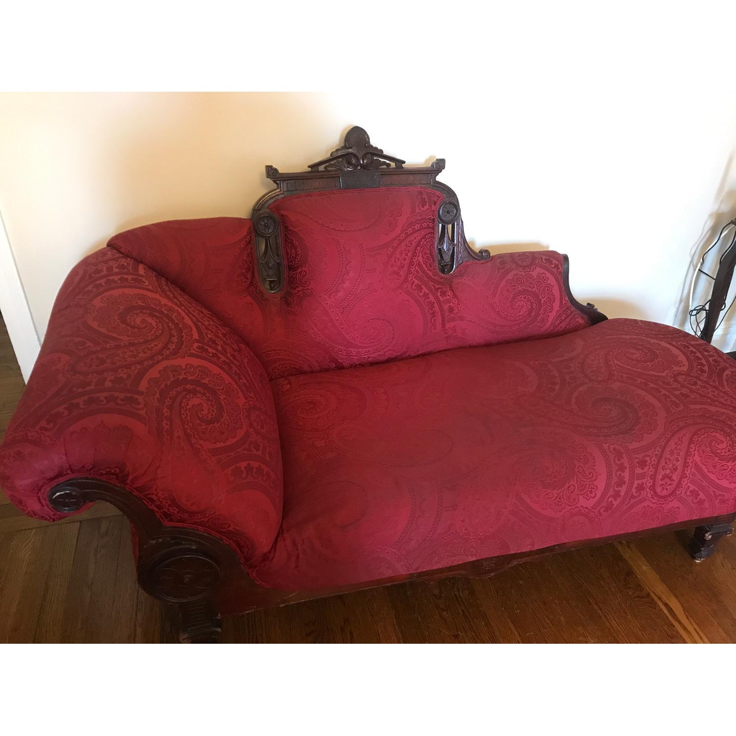 Vintage Red & Carved Wood Chaise Lounge - image-2