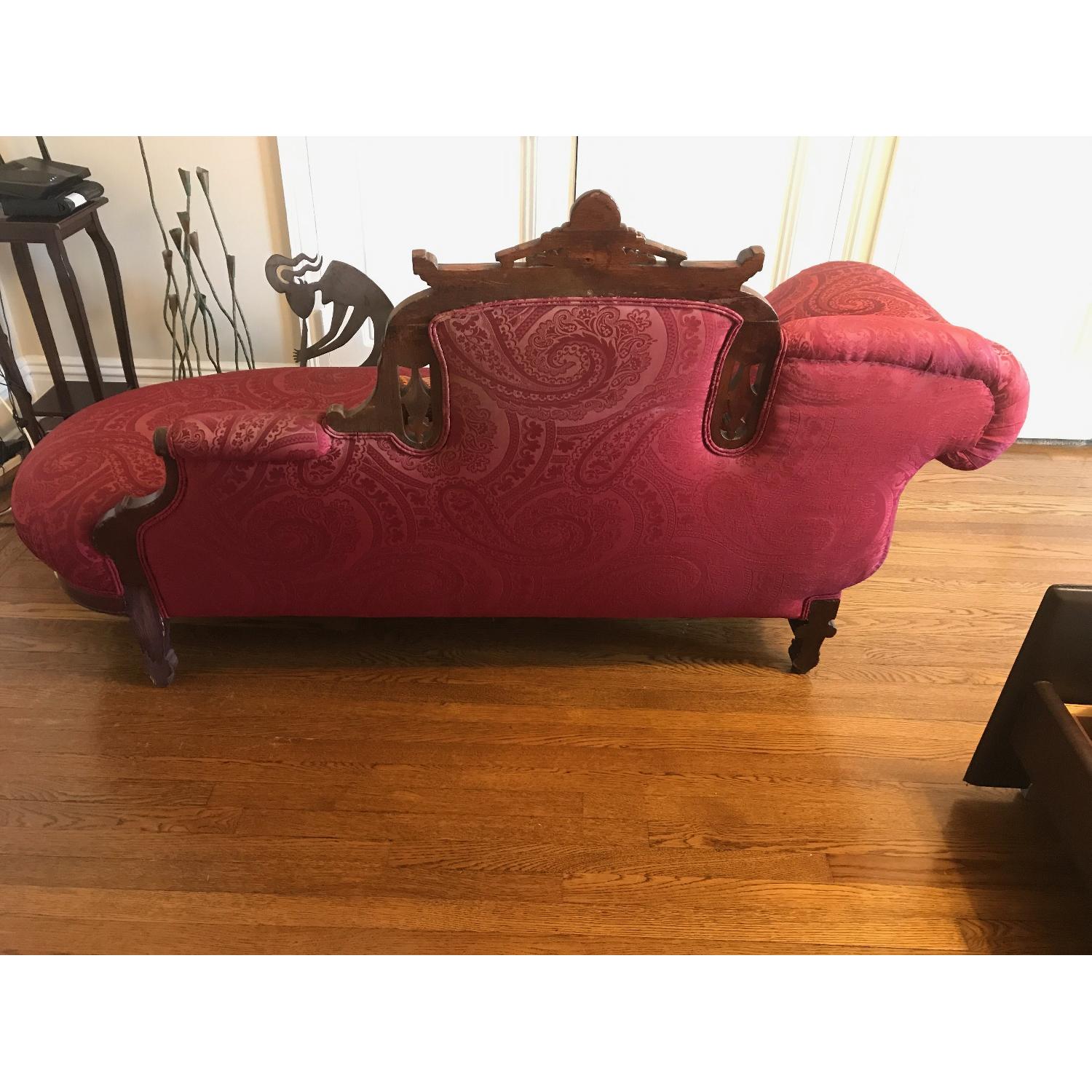 Vintage Red & Carved Wood Chaise Lounge - image-3