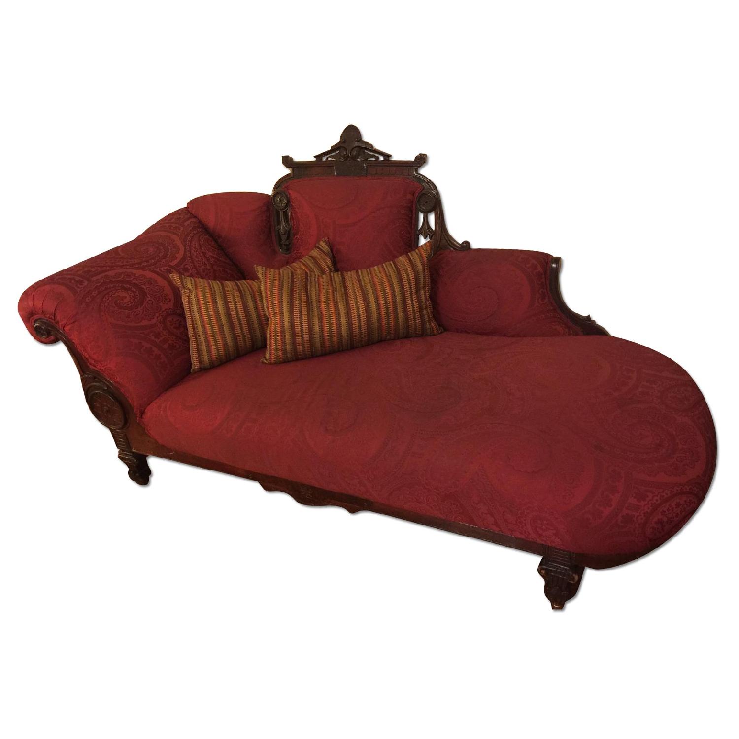 Vintage Red & Carved Wood Chaise Lounge - image-0