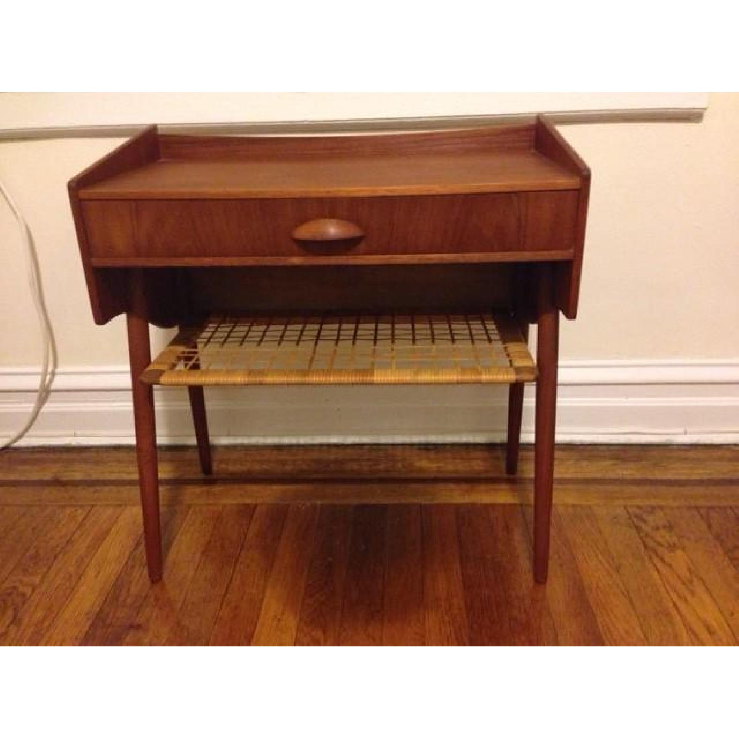 1950's Scandanavian Side Table w/ Drawer & Ratan Shelf AptDeco