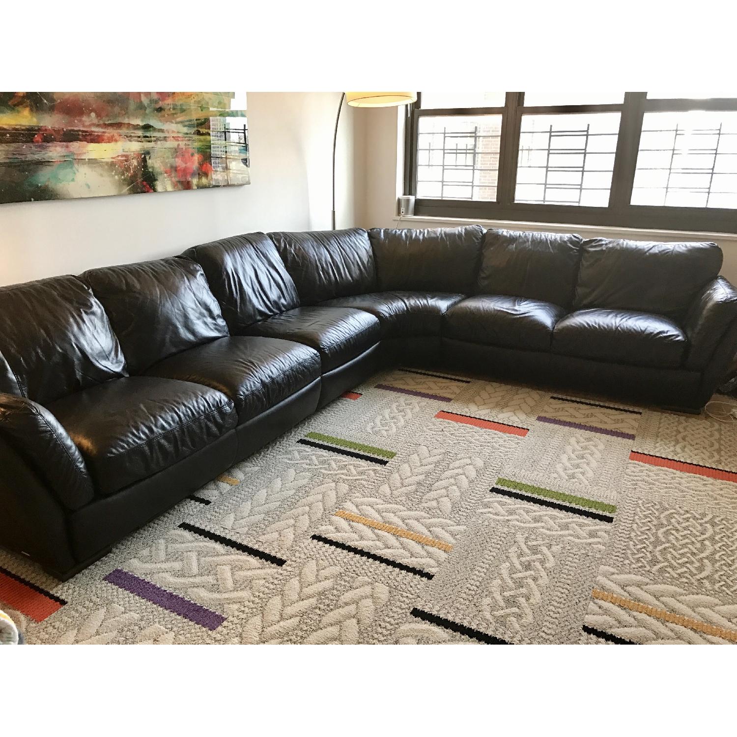 Natuzzi Black Leather L-Shaped Sectional & Ottoman - image-1