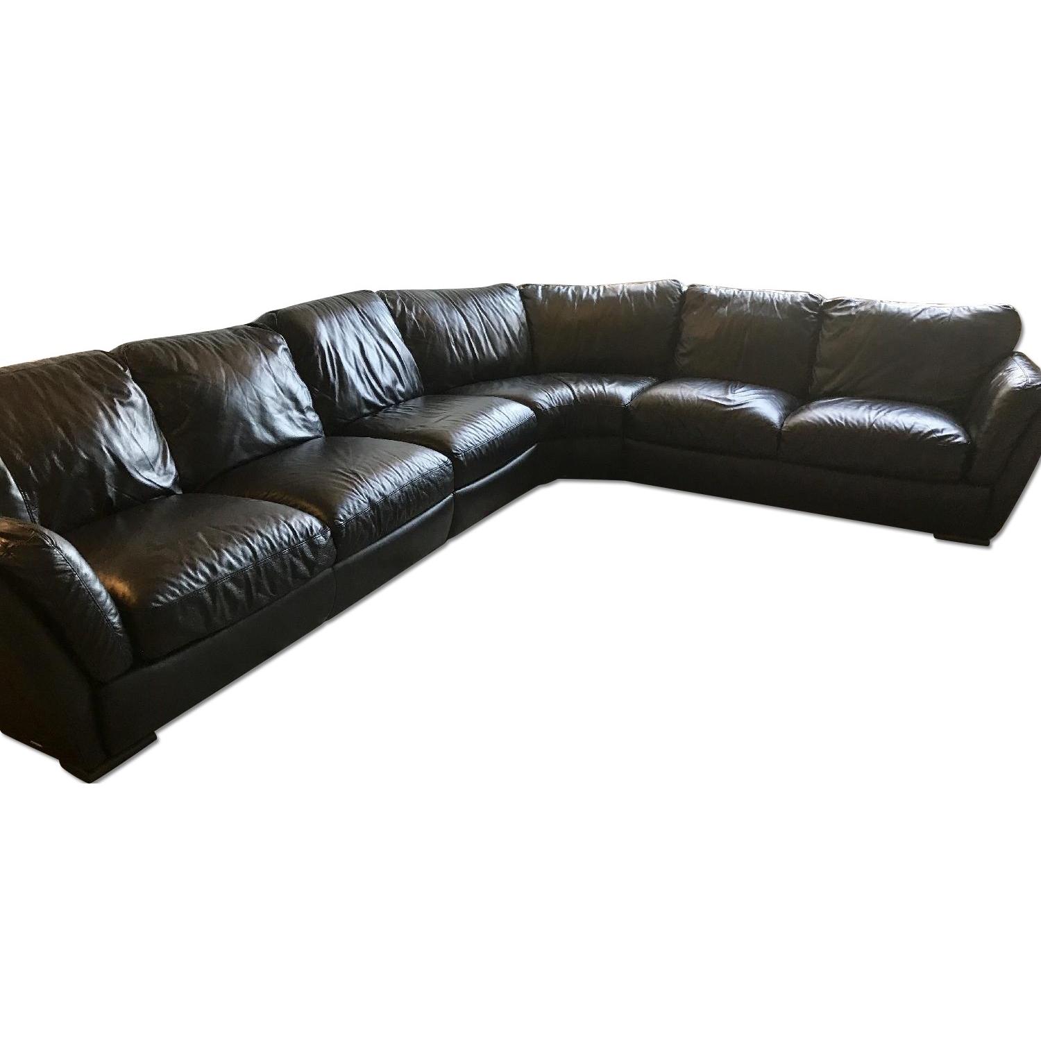 Natuzzi Black Leather L-Shaped Sectional & Ottoman - image-0