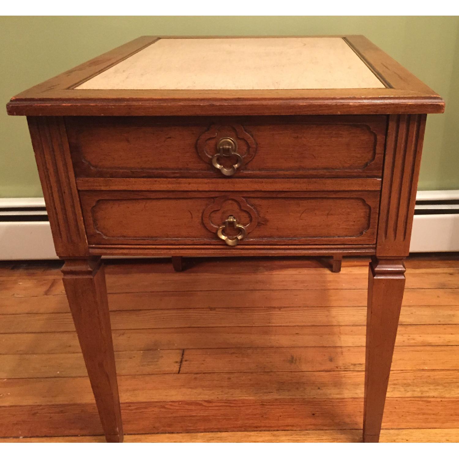 Antique Walnut Granite Top Side Table w/ Drawer - image-1