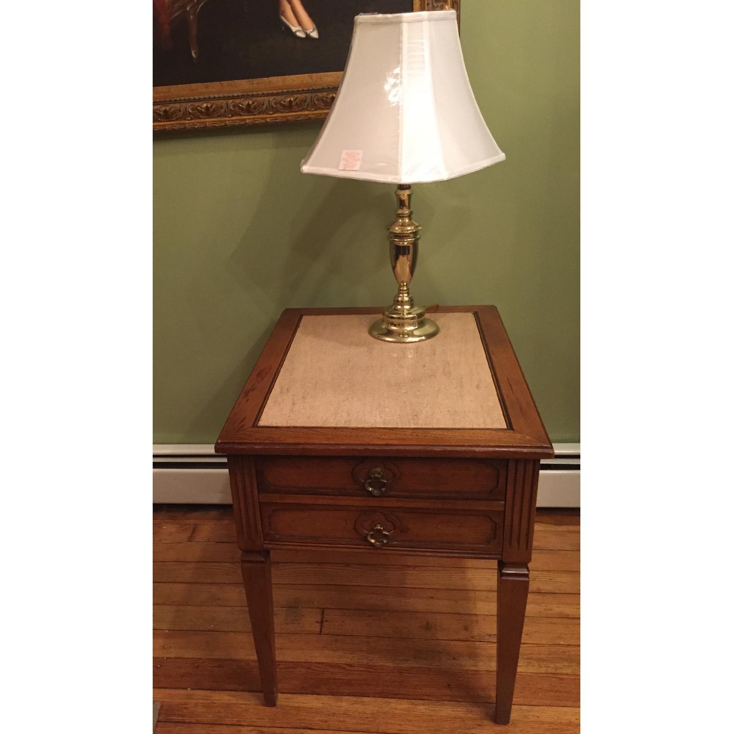 Antique Walnut Granite Top Side Table w/ Drawer AptDeco