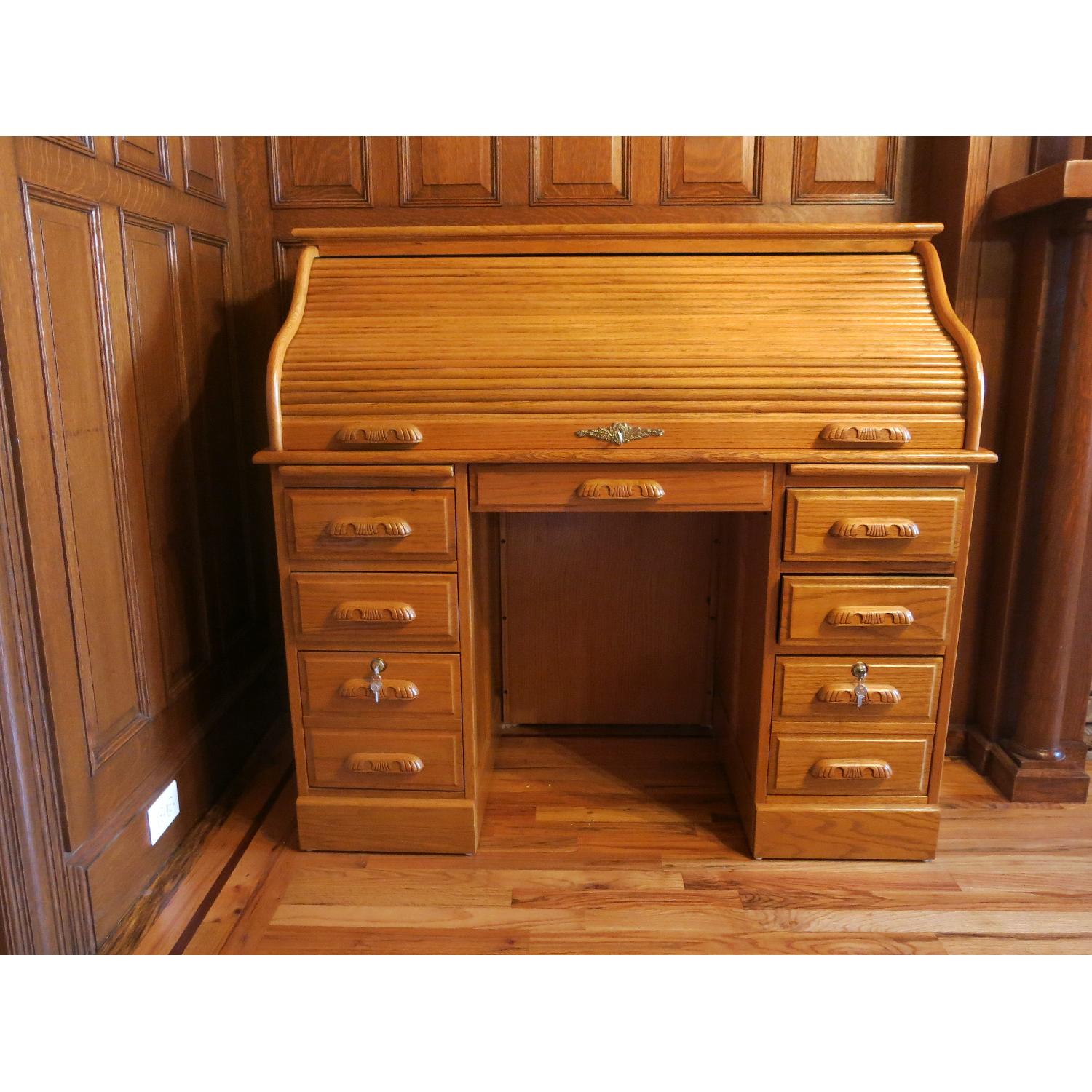 Gothic Cabinet Craft Oak Roll Top Desk - image-1
