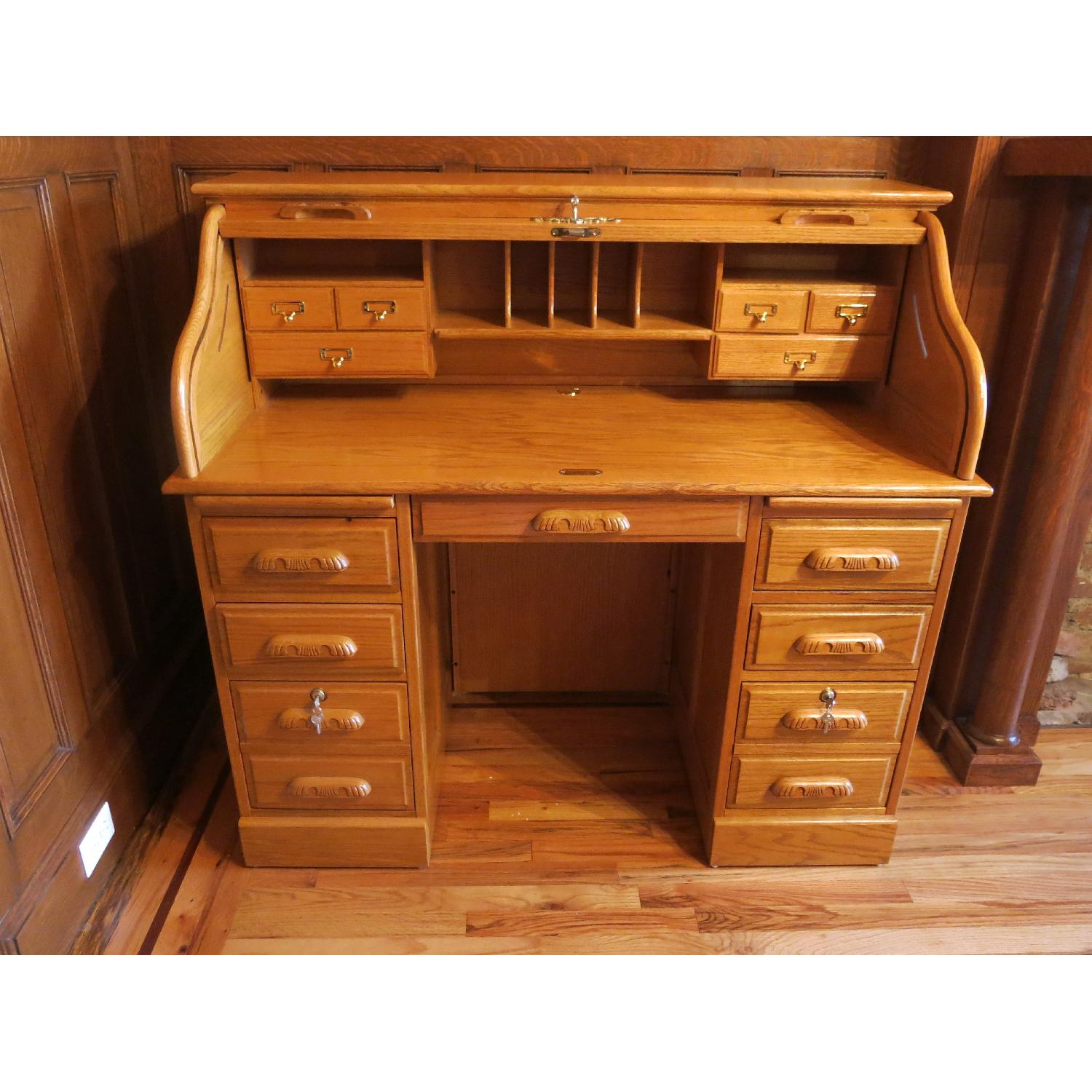 Gothic Cabinet Craft Oak Roll Top Desk - image-2