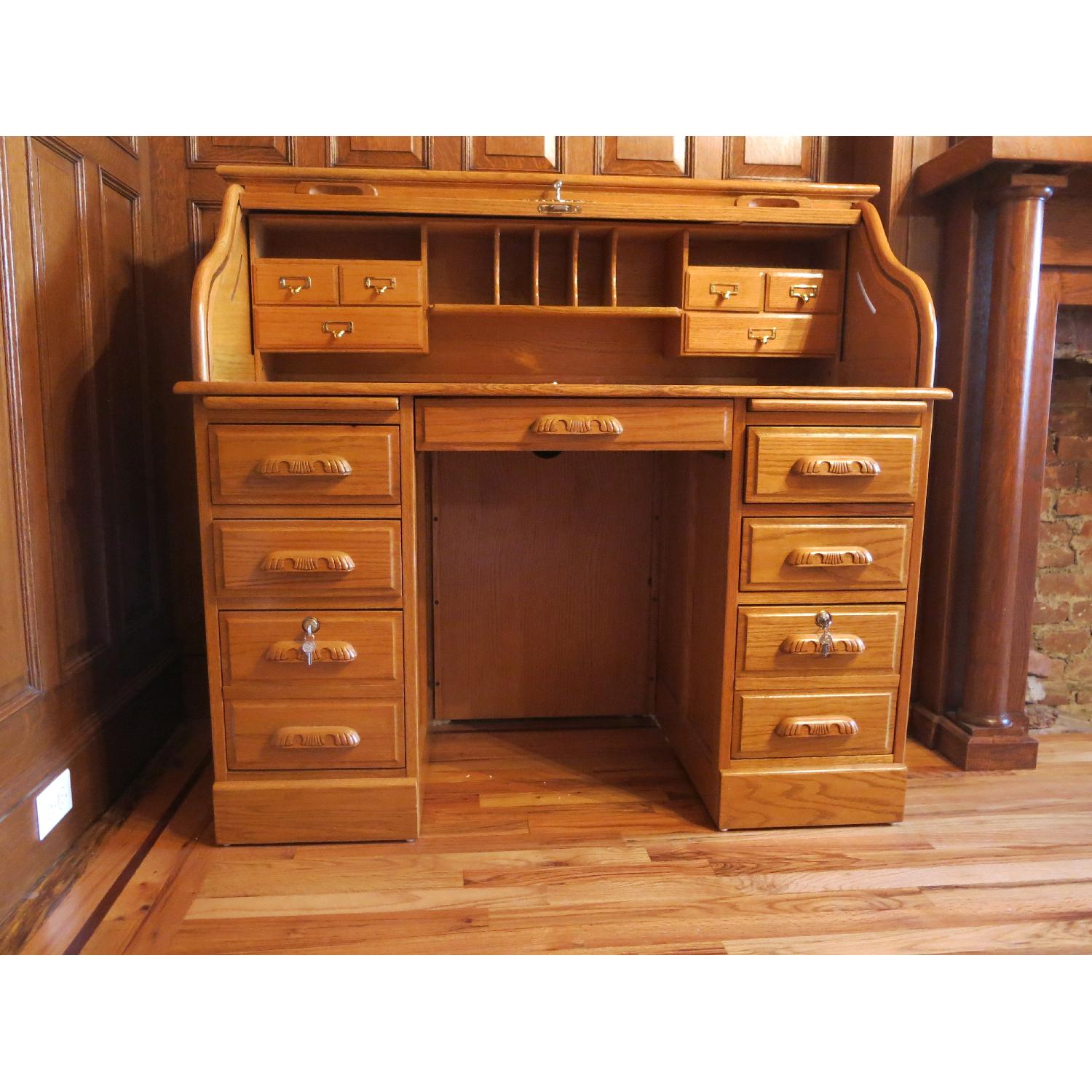 Gothic Cabinet Craft Oak Roll Top Desk - image-7
