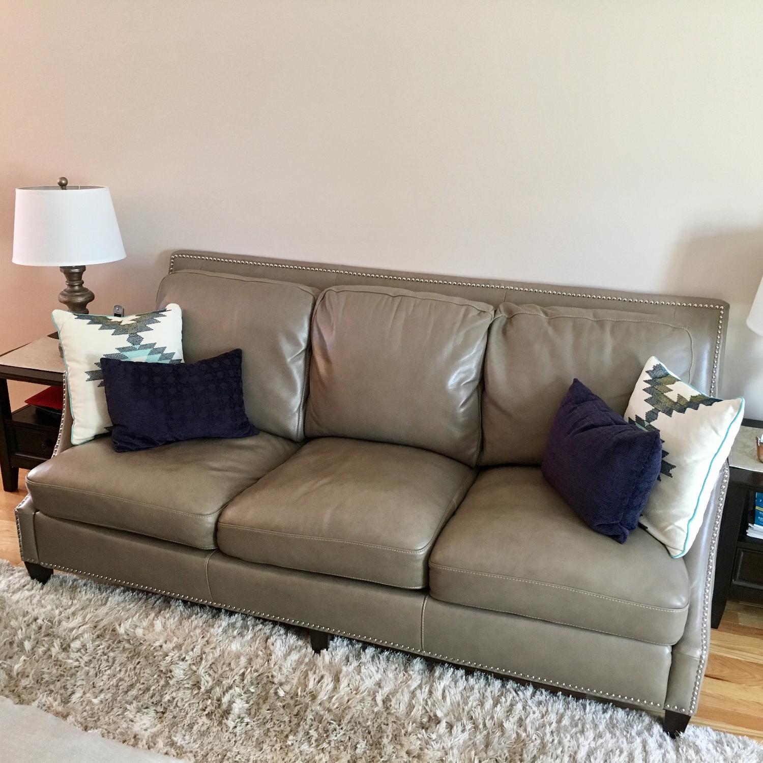 Raymour & Flanigan Studded Taupe Leather Sofa + Loveseat - image-1