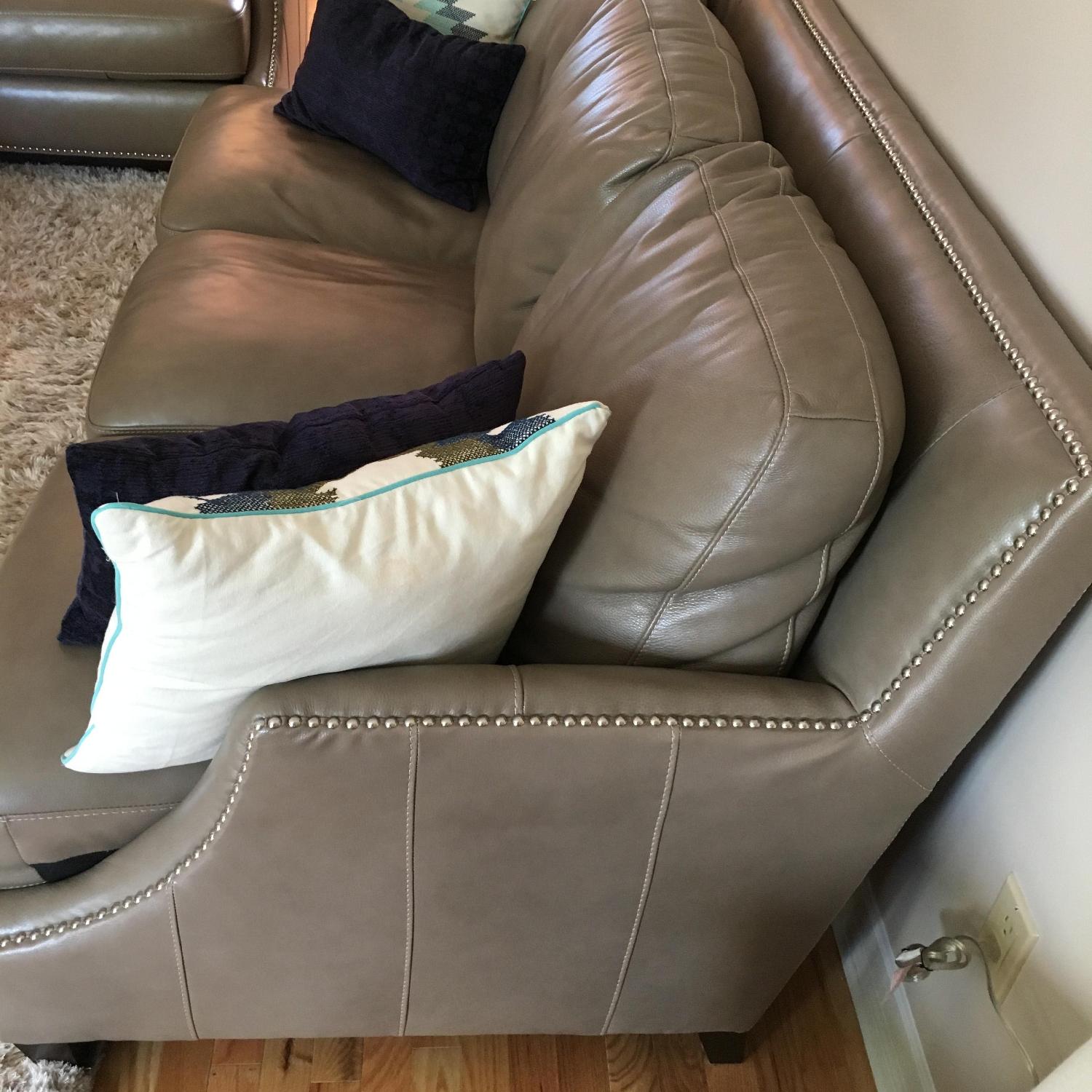 Raymour & Flanigan Studded Taupe Leather Sofa + Loveseat - image-2