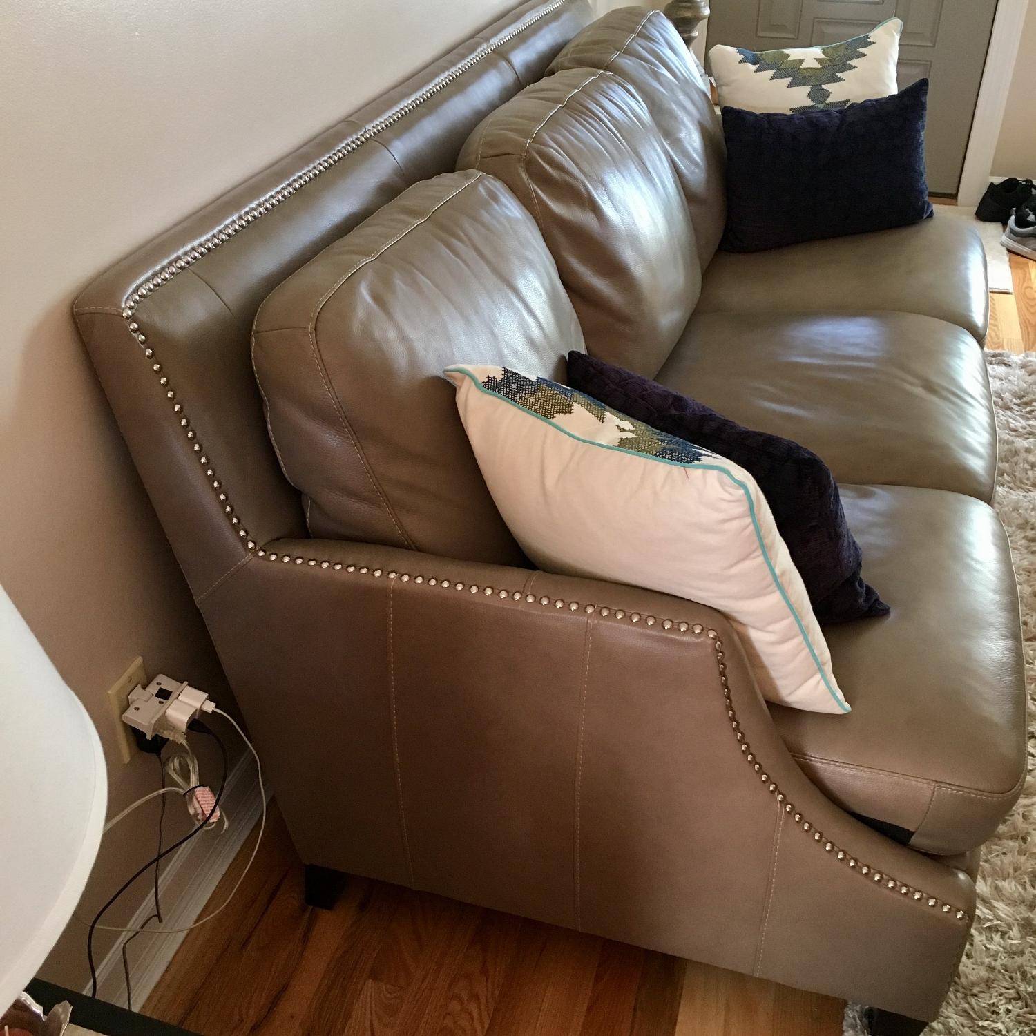 Raymour & Flanigan Studded Taupe Leather Sofa + Loveseat - image-3