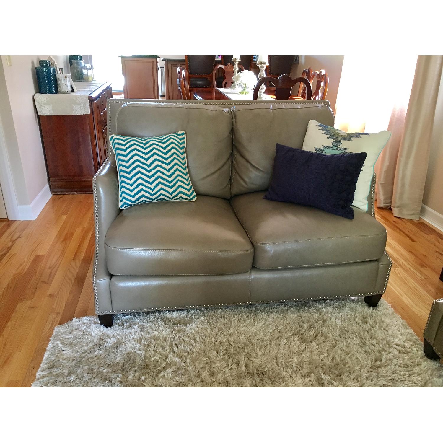 Raymour & Flanigan Studded Taupe Leather Sofa + Loveseat - image-5