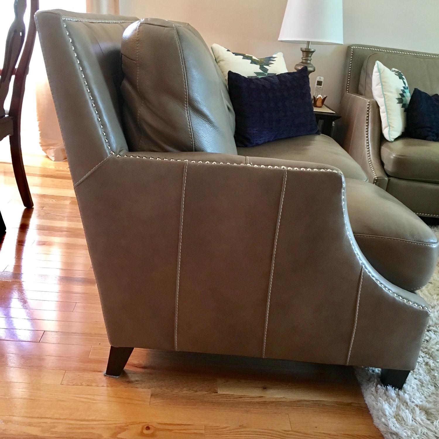 Raymour & Flanigan Studded Taupe Leather Sofa + Loveseat - image-6