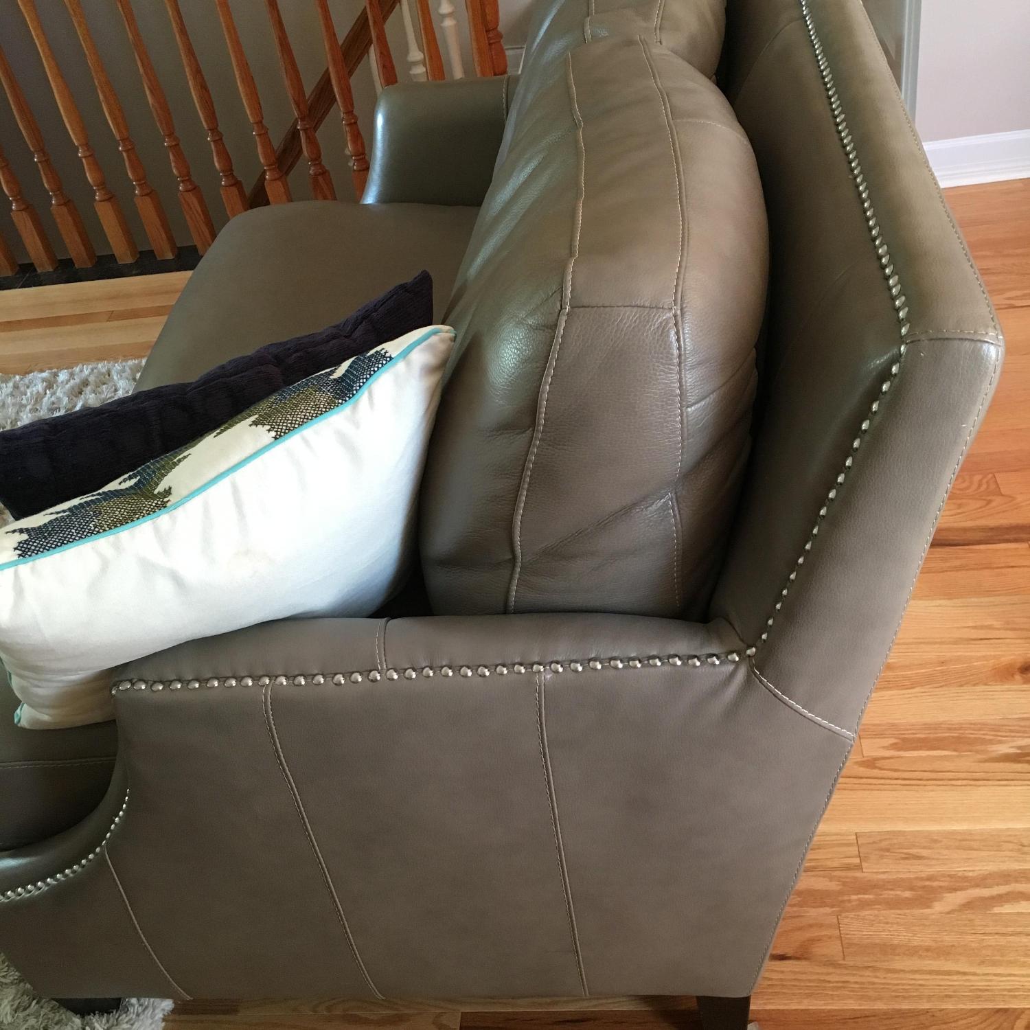 Raymour & Flanigan Studded Taupe Leather Sofa + Loveseat - image-7