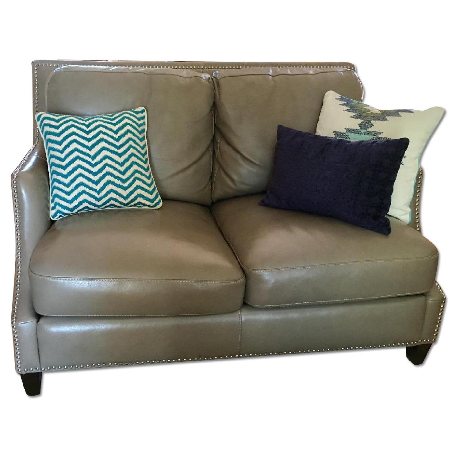 Raymour & Flanigan Studded Taupe Leather Sofa + Loveseat - image-9