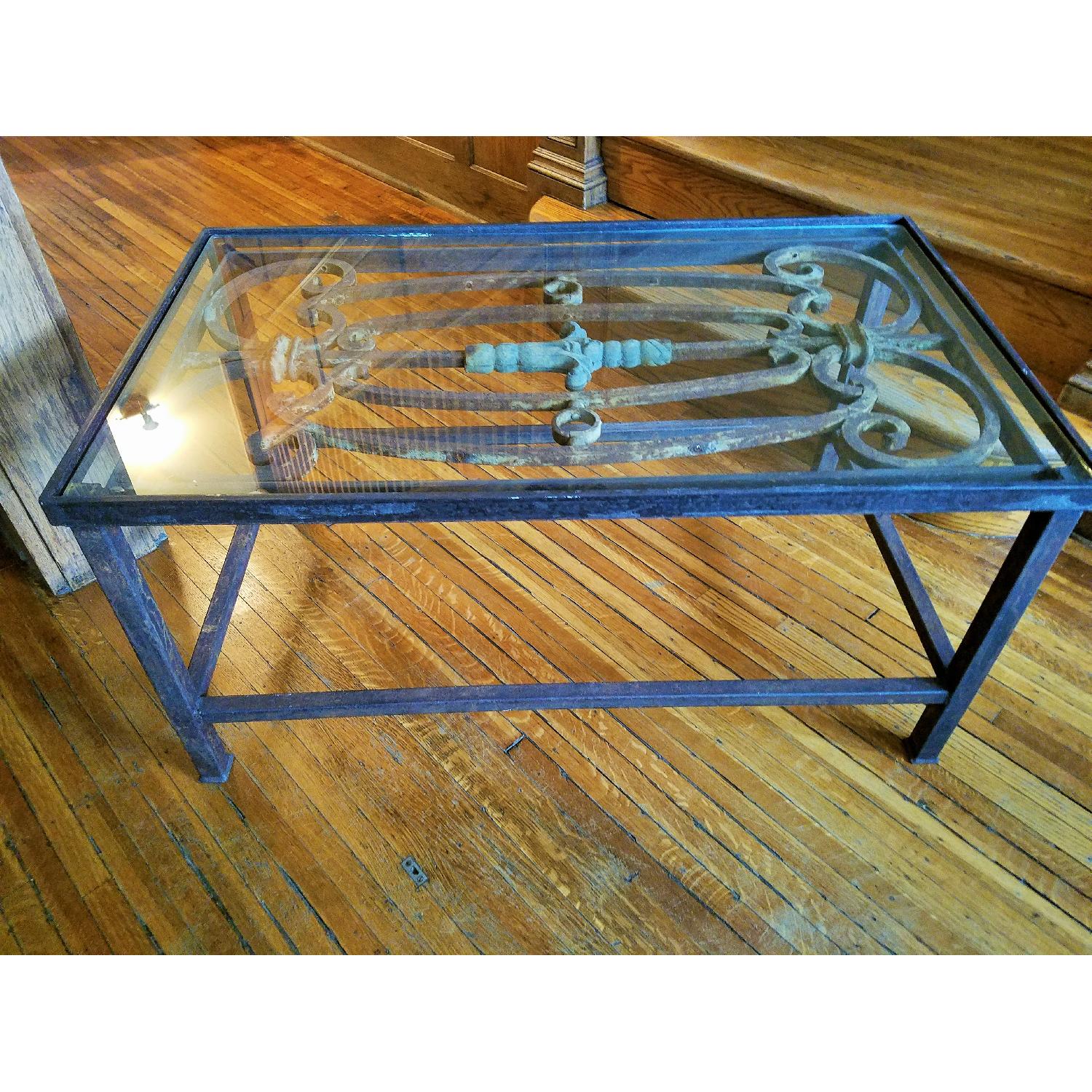 Harvest Antique Rod Iron Glass Coffee Table - image-4