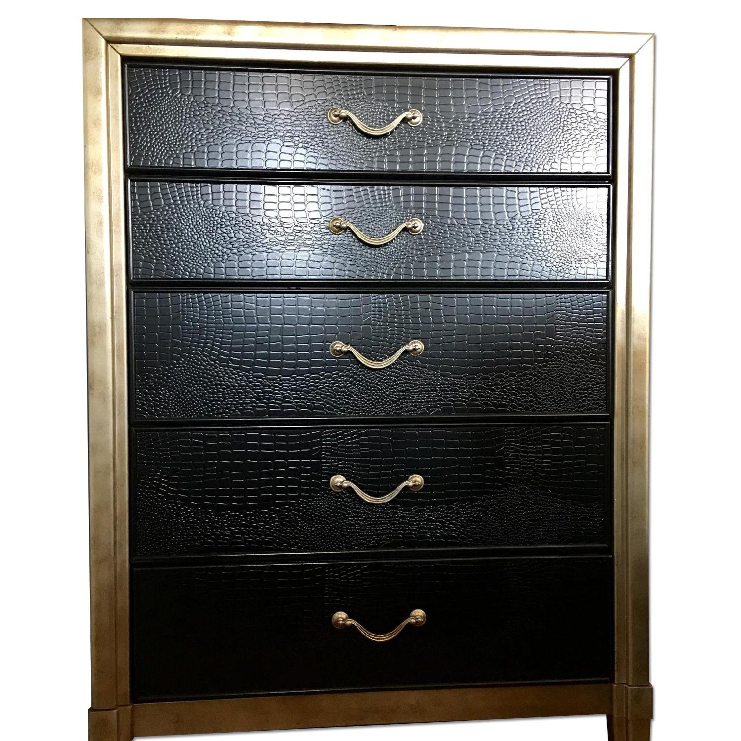 Wooden Dresser w/ Black Faux Croc & Gold Metallic Hardware