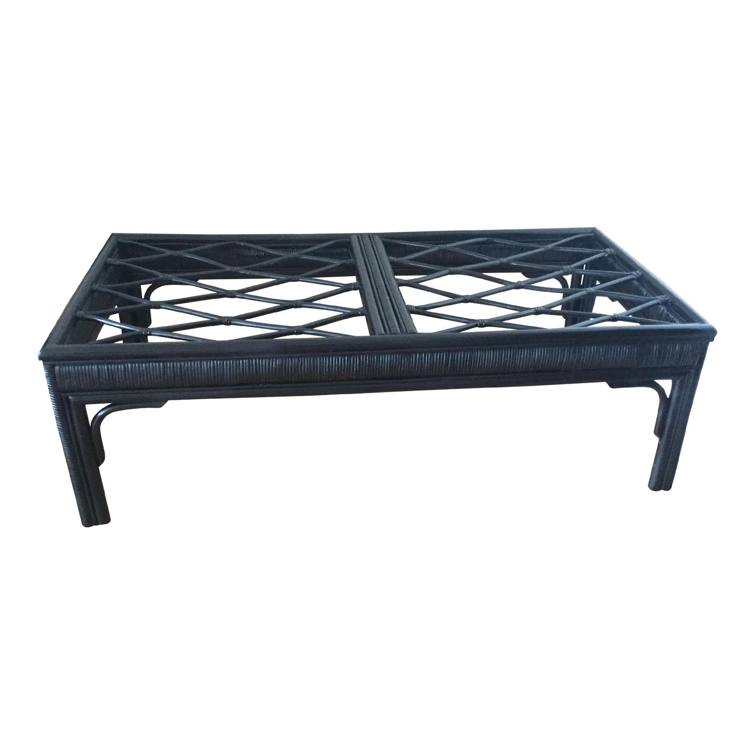 Hollywood Regency Style Black Rattan Coffee Table AptDeco