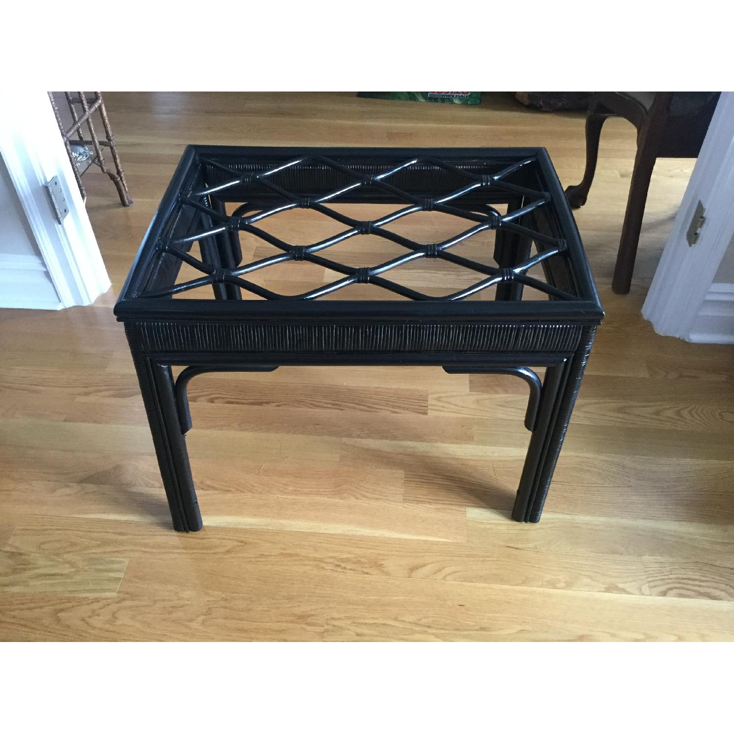 Hollywood Regency Black Rattan Table w/ Glass Top - image-1