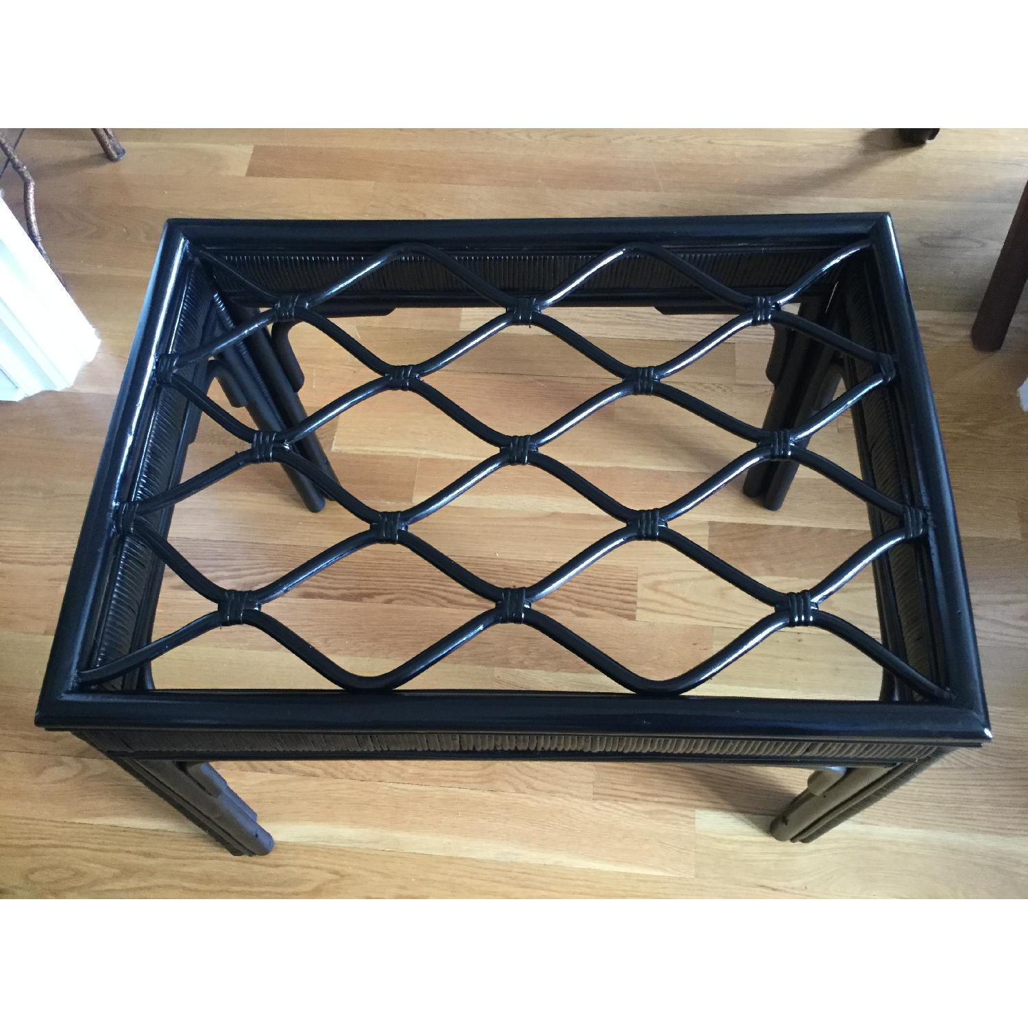 Hollywood Regency Black Rattan Table w/ Glass Top - image-3