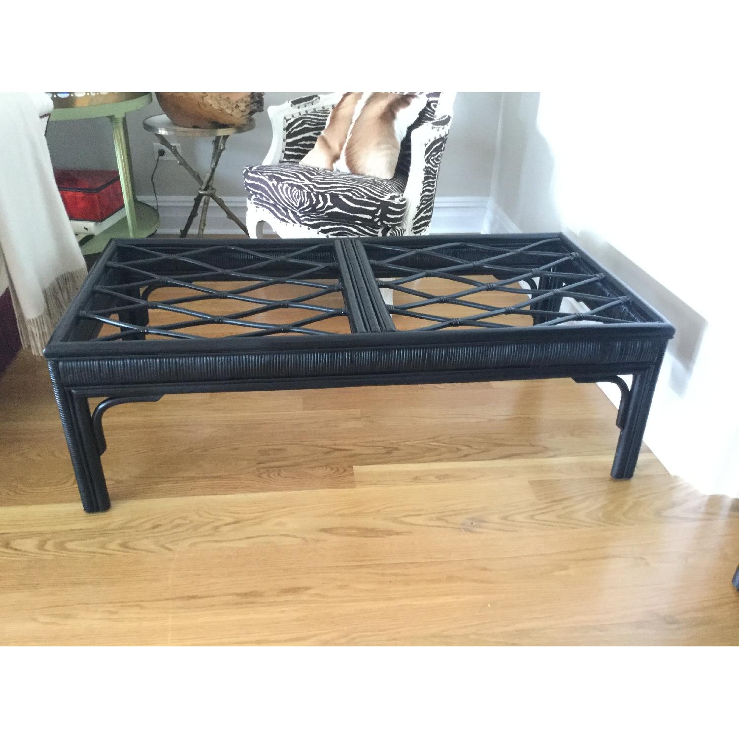 Hollywood Regency Black Rattan Table w/ Glass Top - image-6