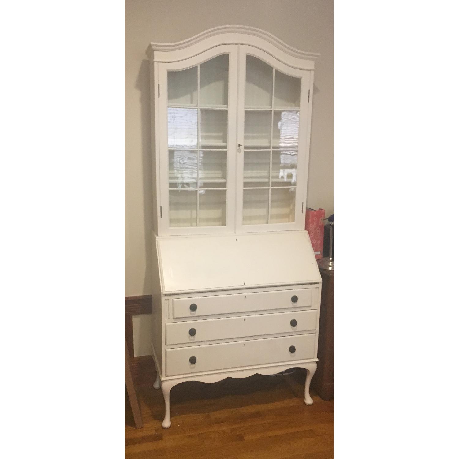 Antique Secretary Desk w/ Glass-Door Hutch in White - image-1
