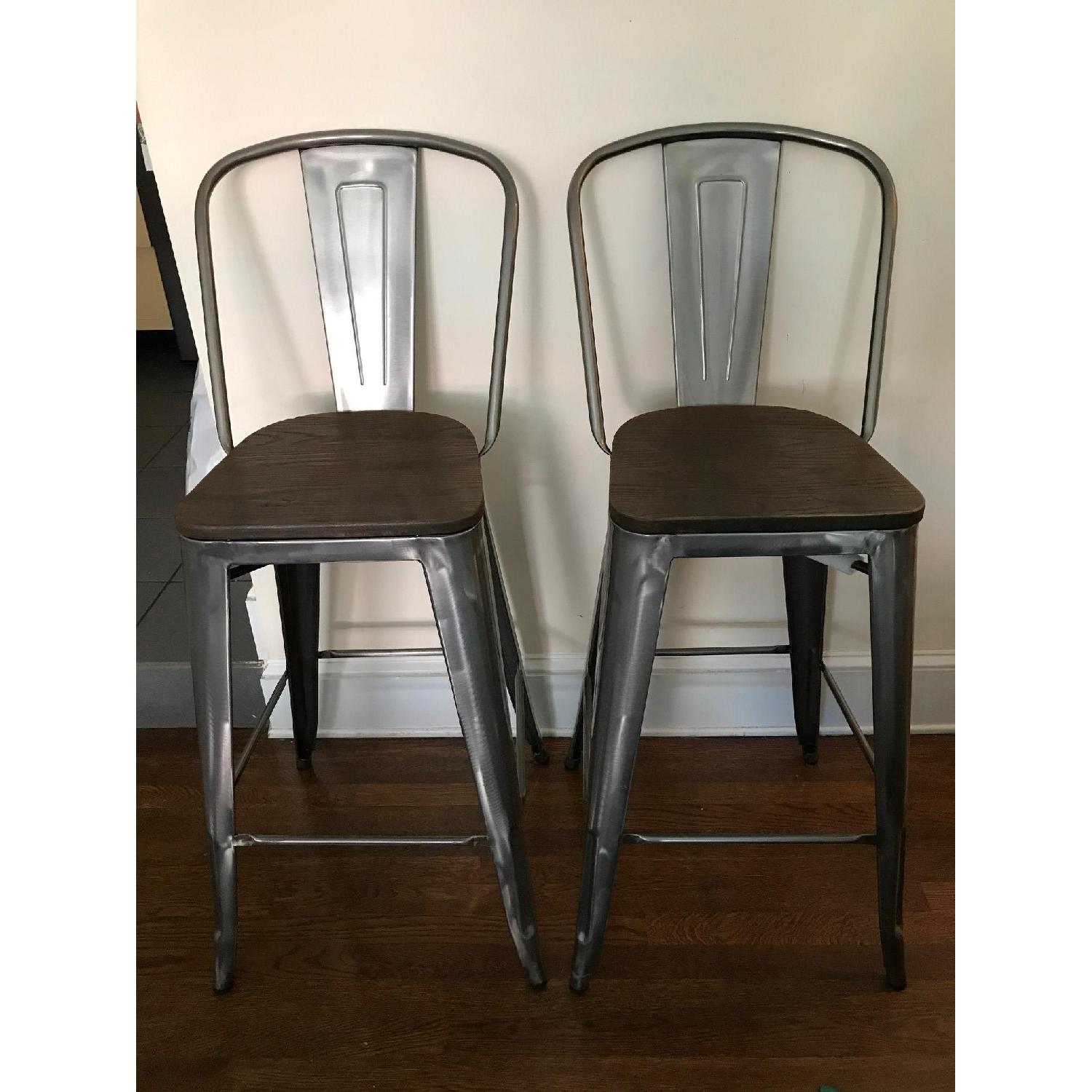 Wood Seat Gunmetal Finish Tabouret Bistro Bar Stools - image-1