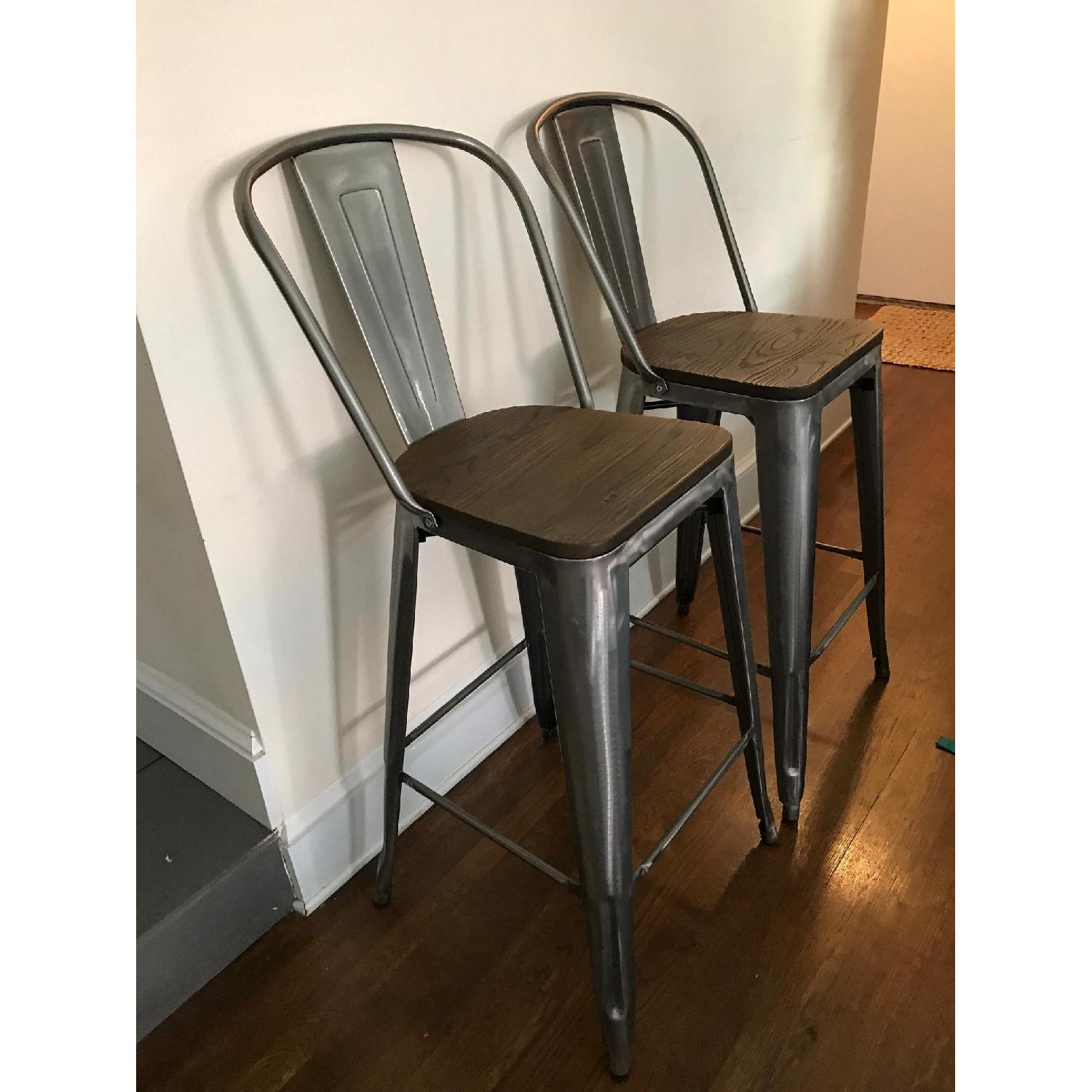 Wood Seat Gunmetal Finish Tabouret Bistro Bar Stools - image-2