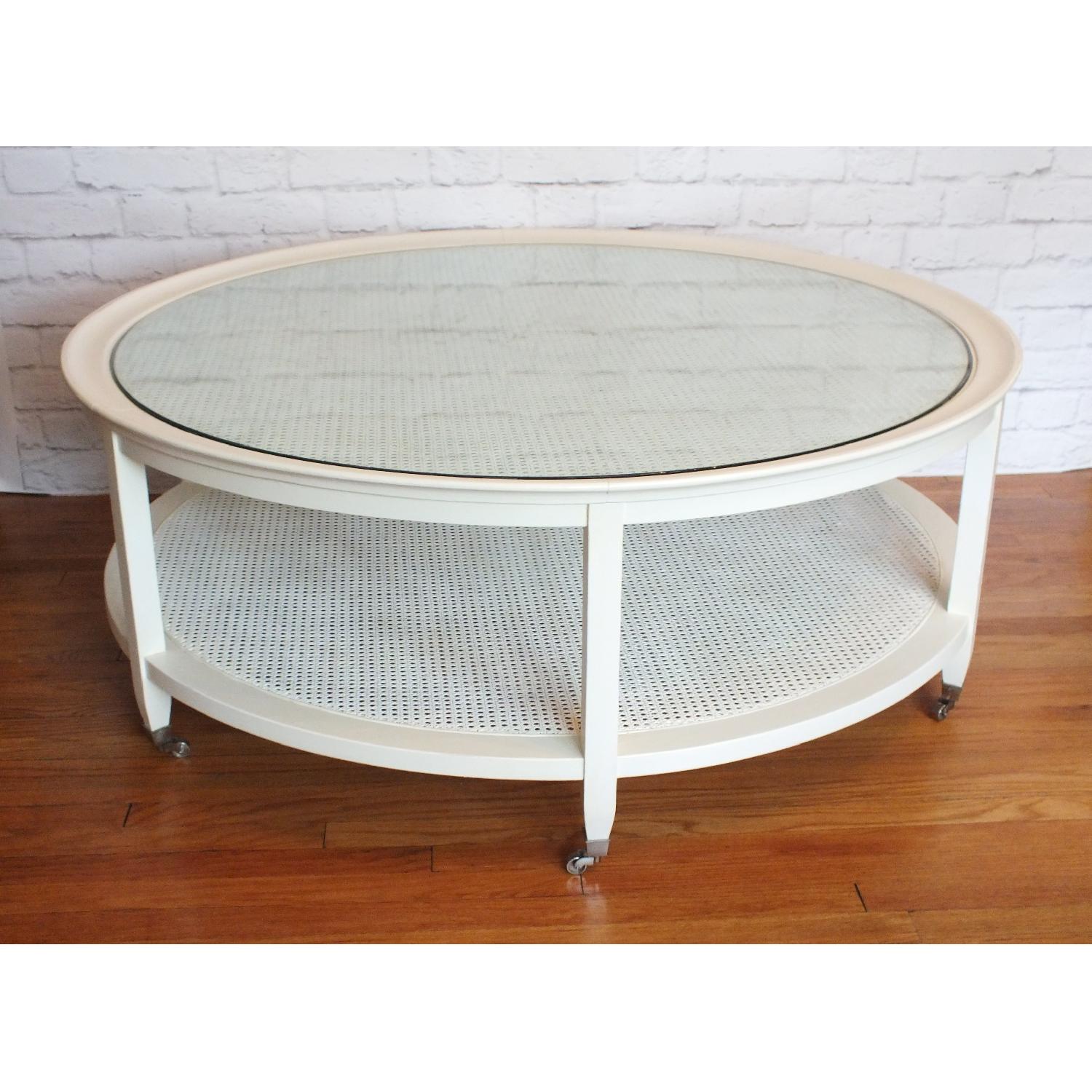 Custom Made Mid-Century Round White Caned Coffee Table - image-1
