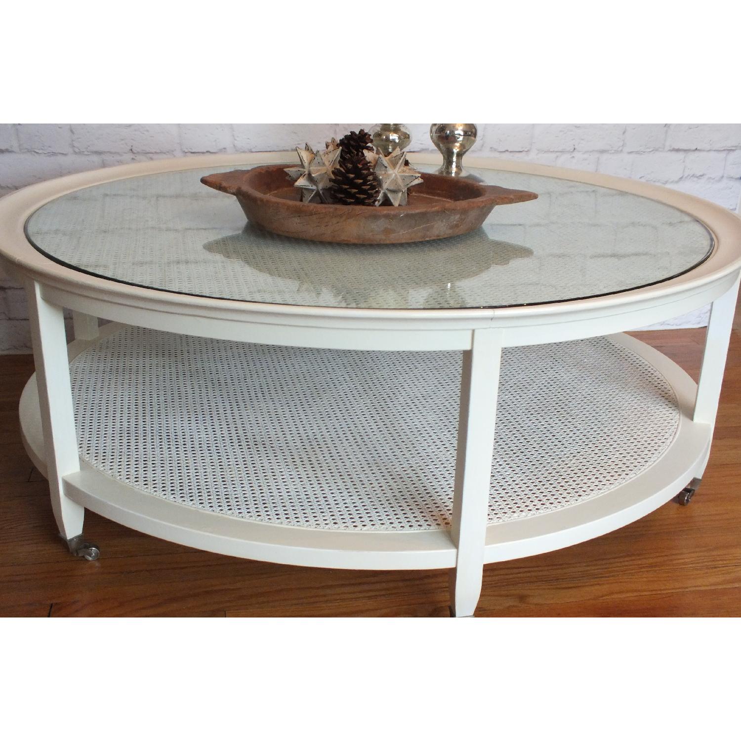 Custom Made Mid-Century Round White Caned Coffee Table - image-2