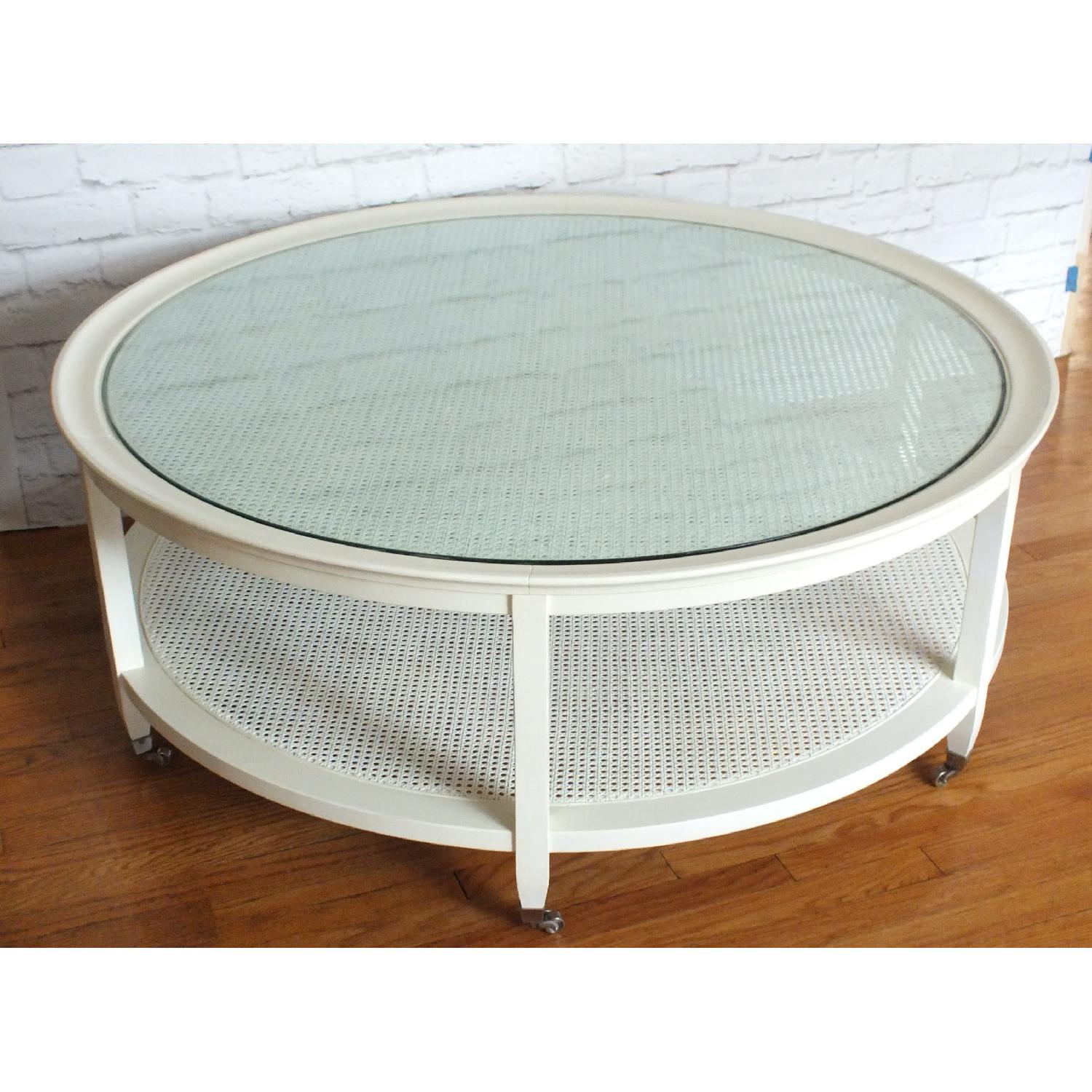Custom Made Mid-Century Round White Caned Coffee Table - image-3