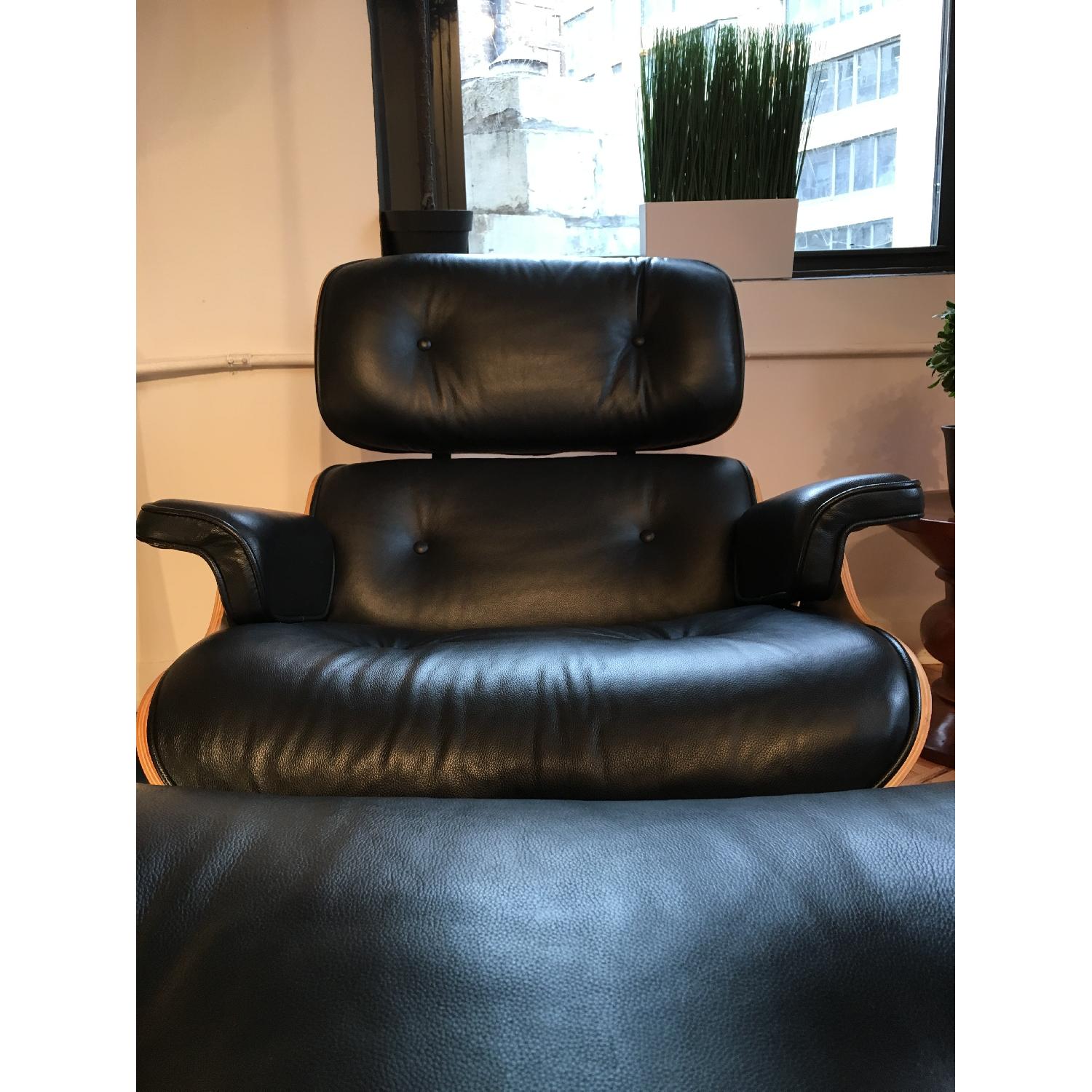 Italian Black Leather Eames Style Lounge Chair & Ottoman w/ Palisander Wood - image-1