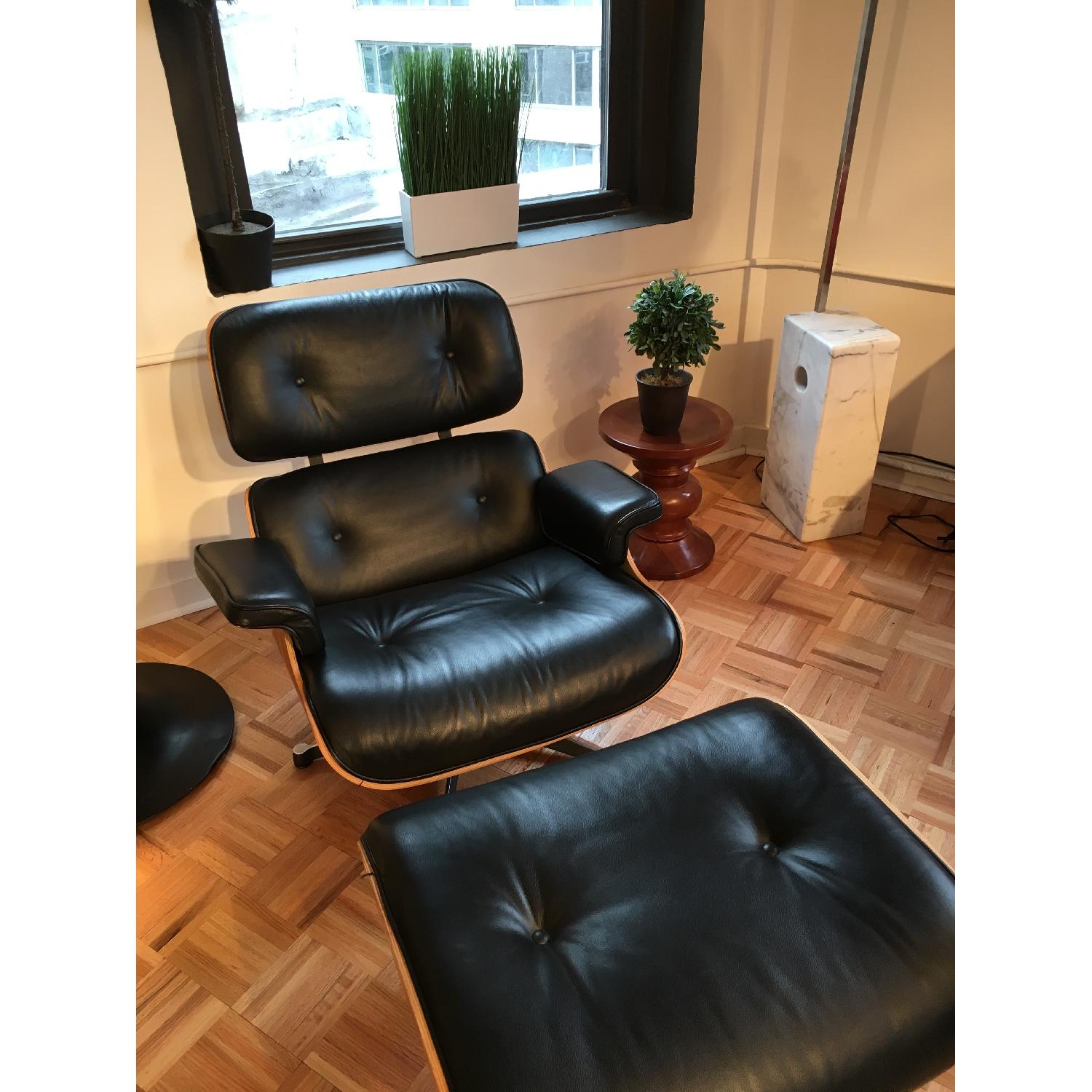 Italian Black Leather Eames Style Lounge Chair & Ottoman w/ Palisander Wood - image-3