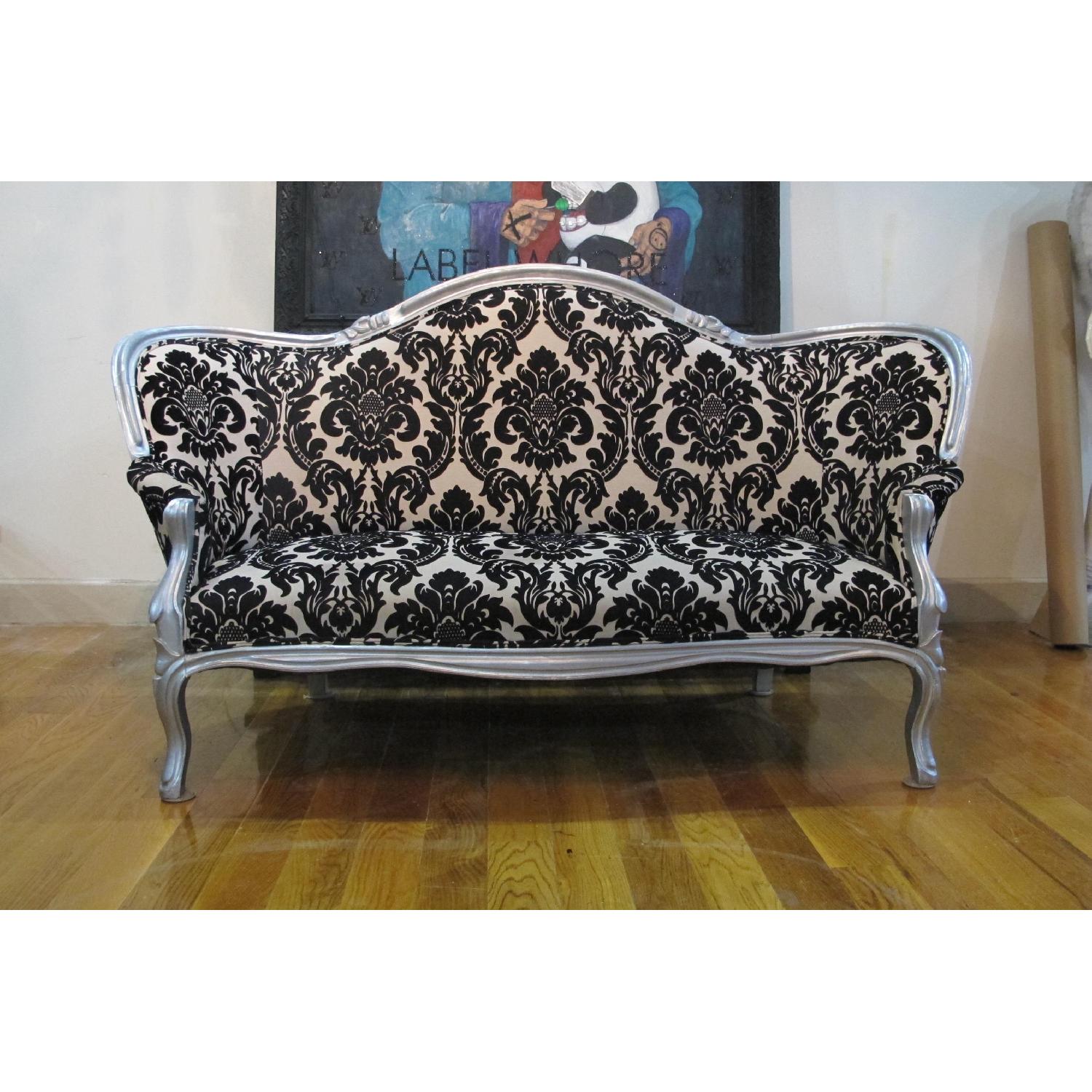Antique Victorian Loveseat Custom Upholstered in Damask Print - image-1