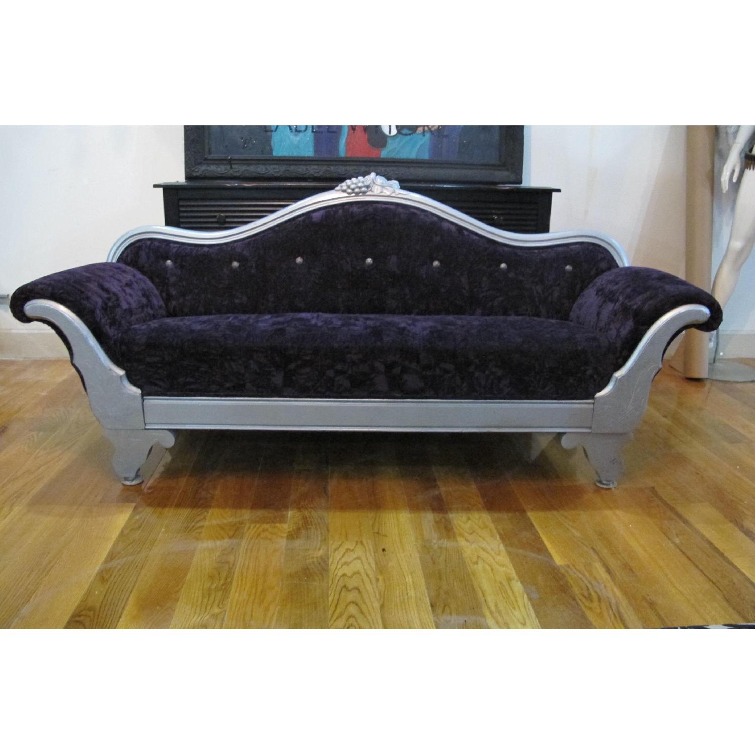 Antique Hand-Carved Loveseat in Purple Velvet - image-1