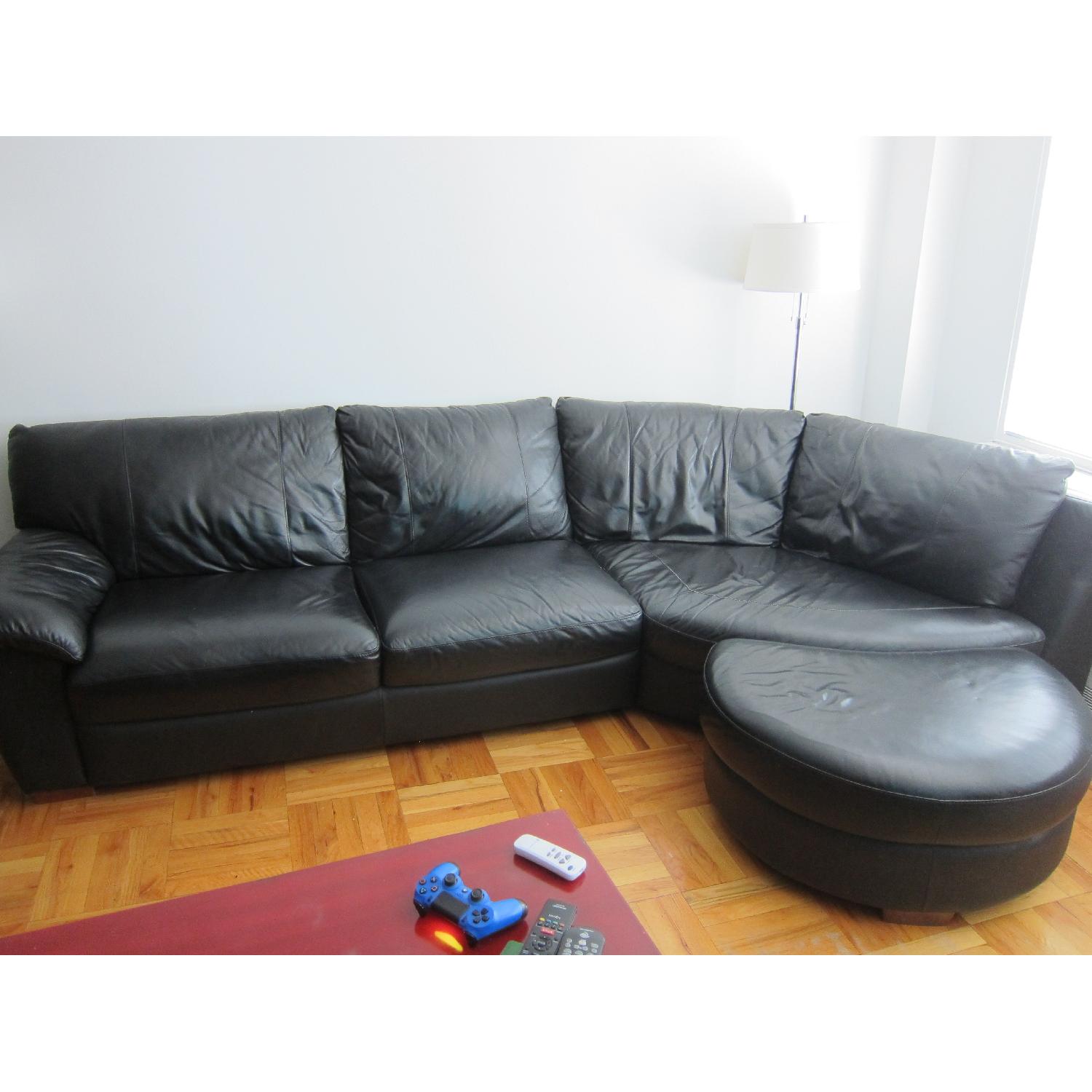 Ikea Black Leather Sofa with Ottoman - image-1