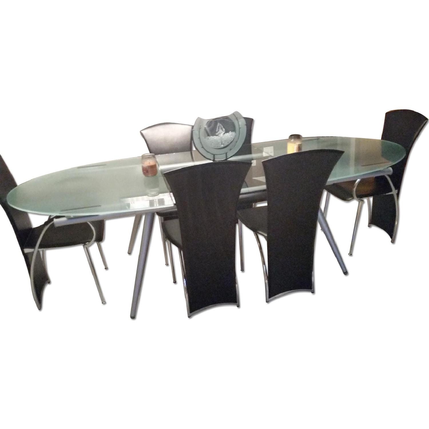 Glass Dining Room Table w/ 6 Matching Leather Chairs - AptDeco