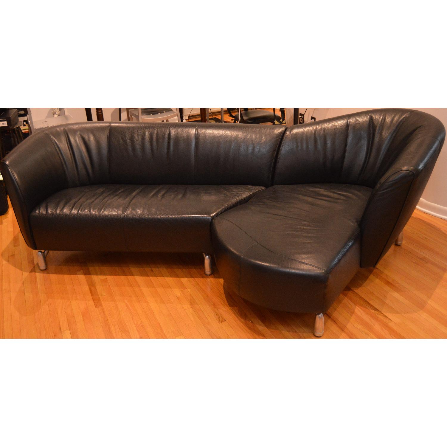 Leolux Black Leather Couch w/ Chaise Lounge - image-6