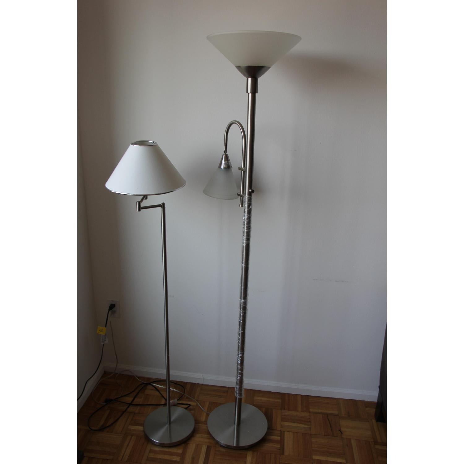 Raymour Flanigan Brushed Steel Torchiere Floor Lamps Pair