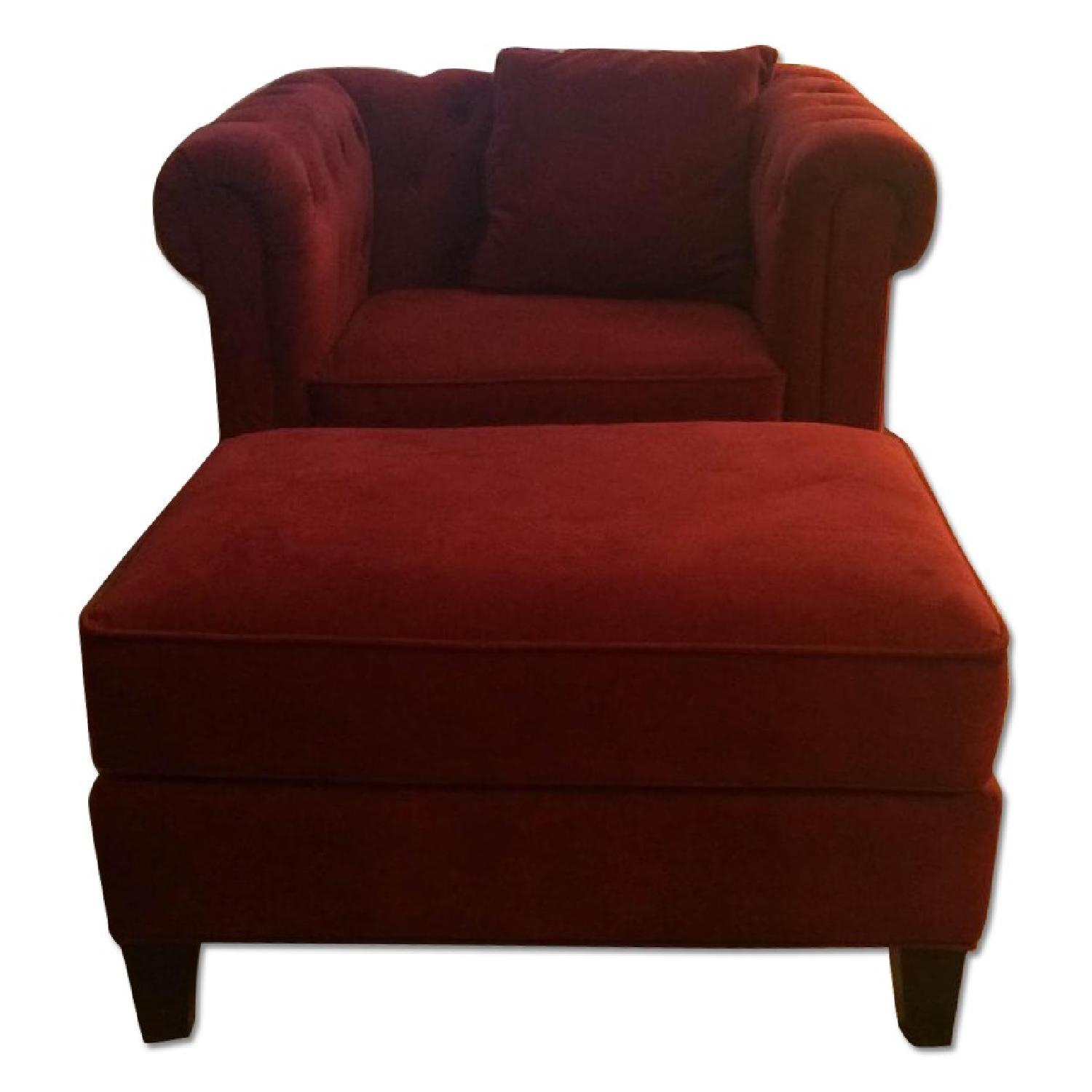 Macy's Velvet Red Tufted Oversized Arm Chair w/ Ottoman AptDeco
