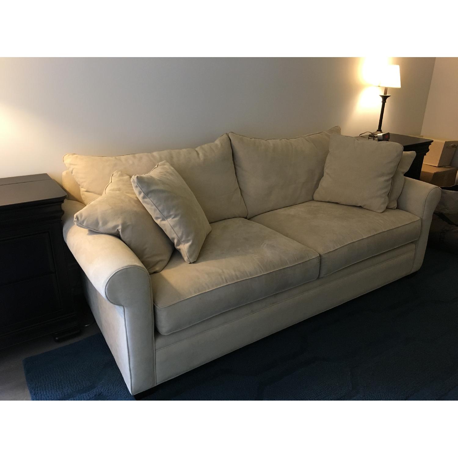 Macy's Beige Suede 2-Seater Sofa w/ Throw Pillows - image-1
