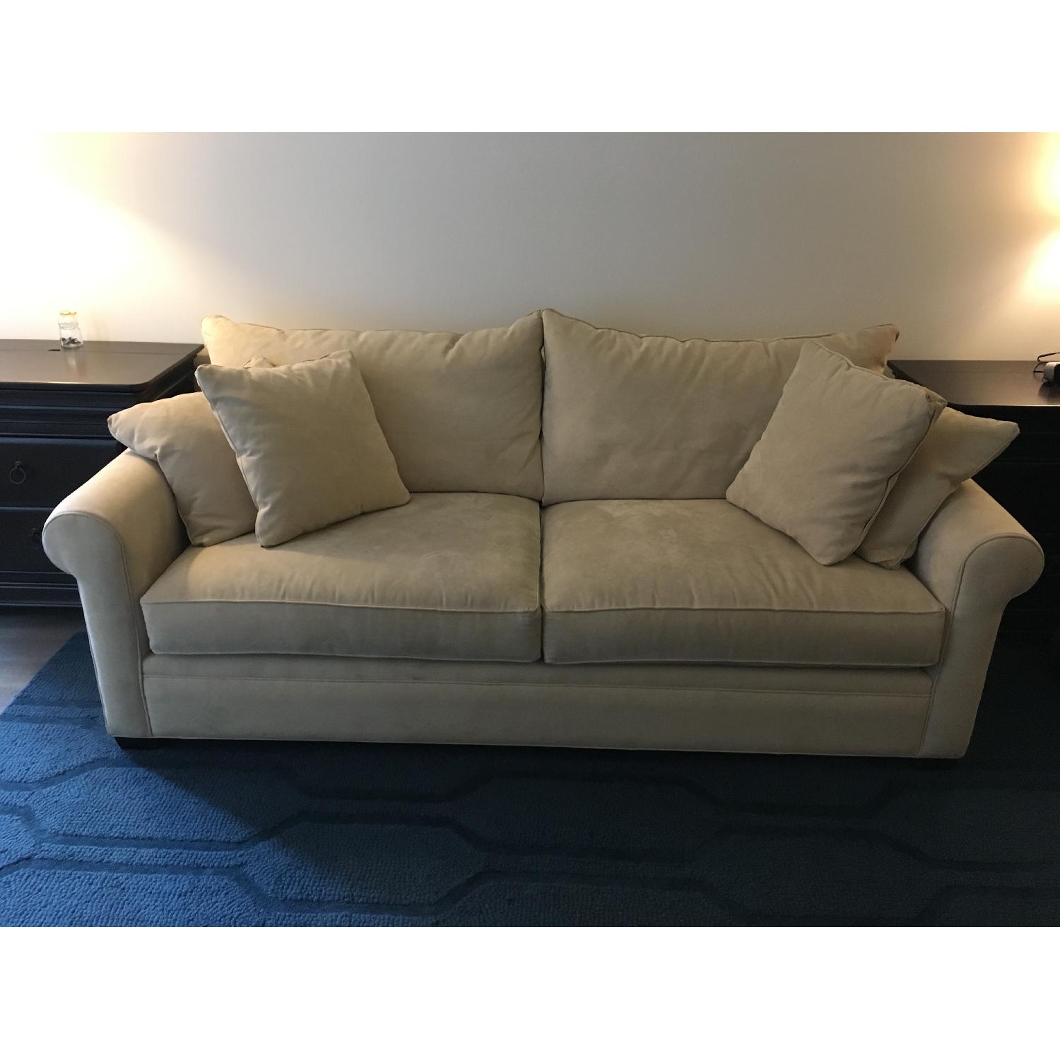 Macy's Beige Suede 2-Seater Sofa w/ Throw Pillows - image-2