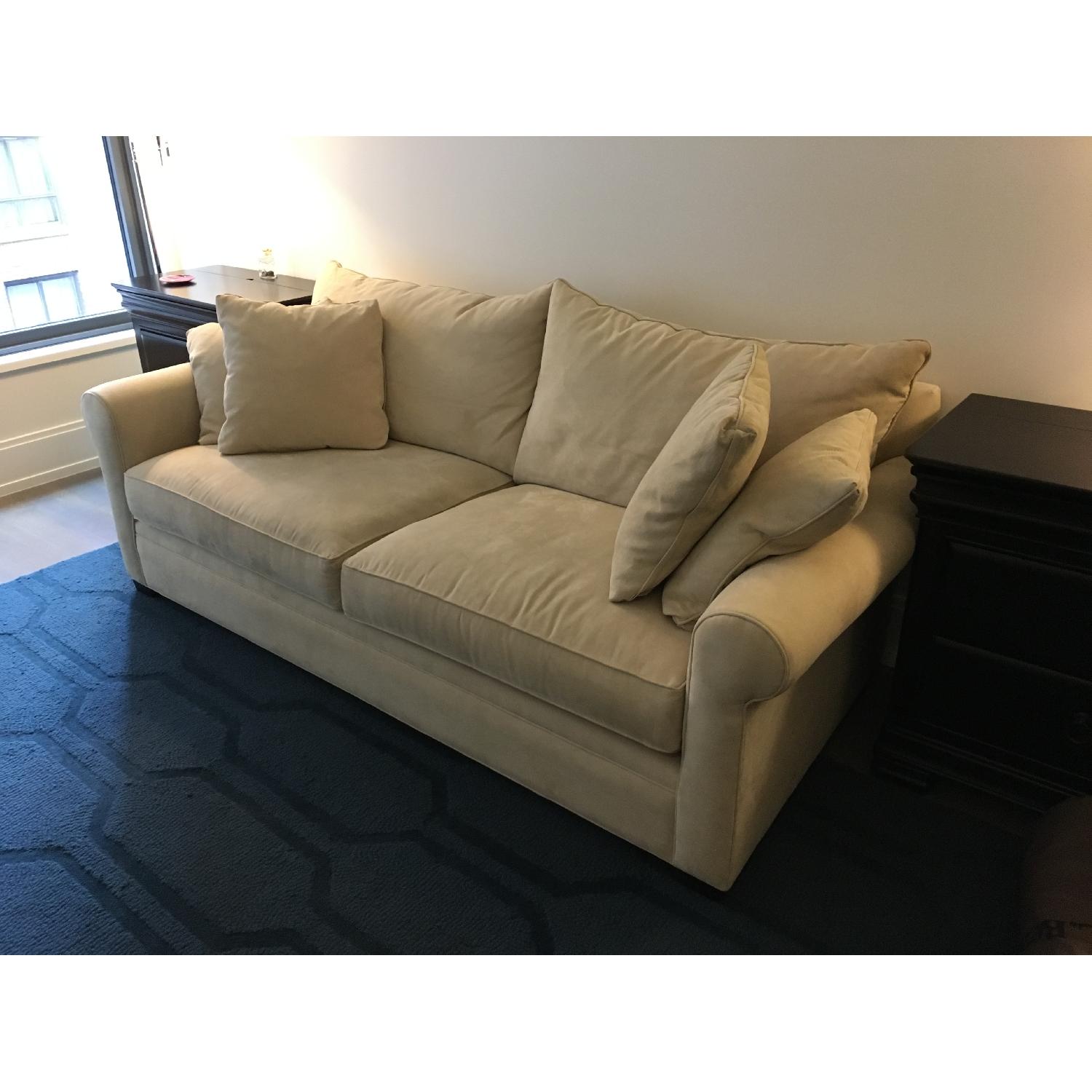 Macy's Beige Suede 2-Seater Sofa w/ Throw Pillows - image-3