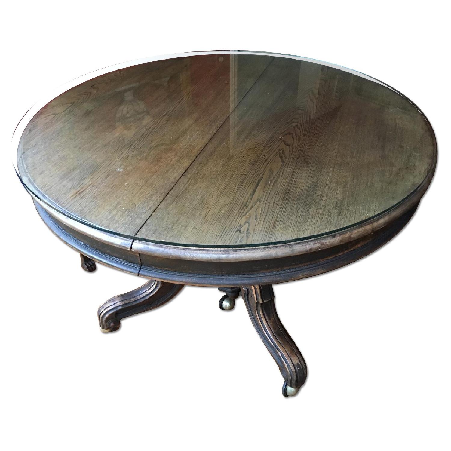 Round Oak Dining Table w/ Glass Top - AptDeco