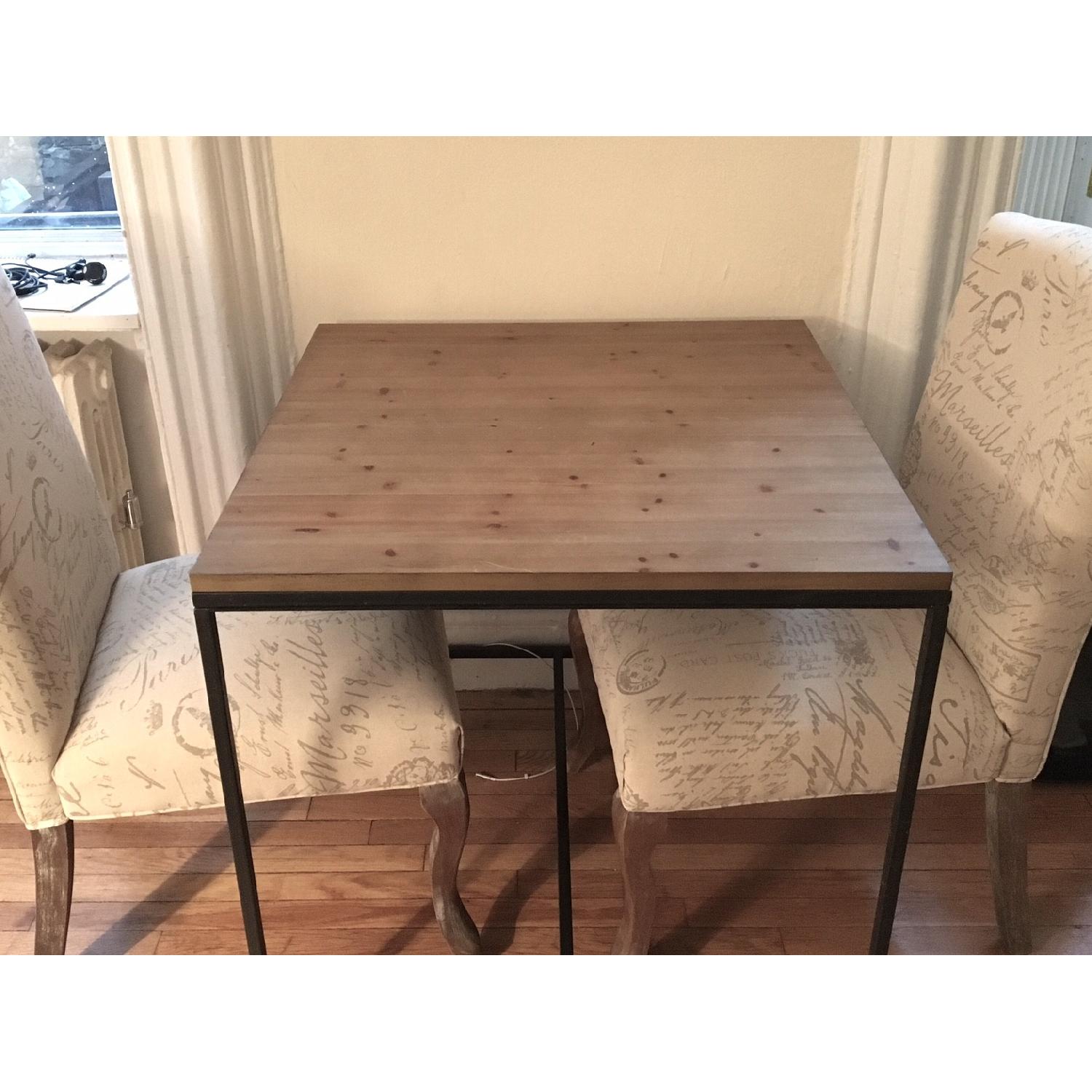 Industrial Wood & Metal Square Table w/ 2 French-Script Chairs - image-1