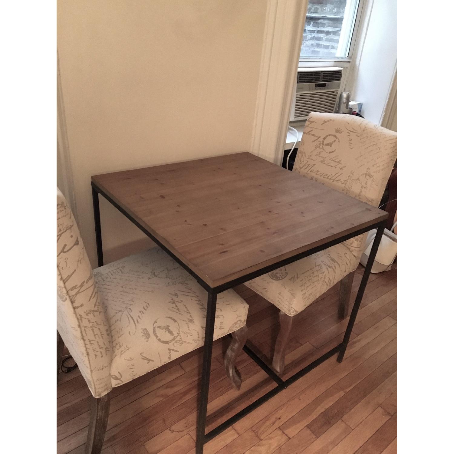 Industrial Wood & Metal Square Table w/ 2 French-Script Chairs - image-2