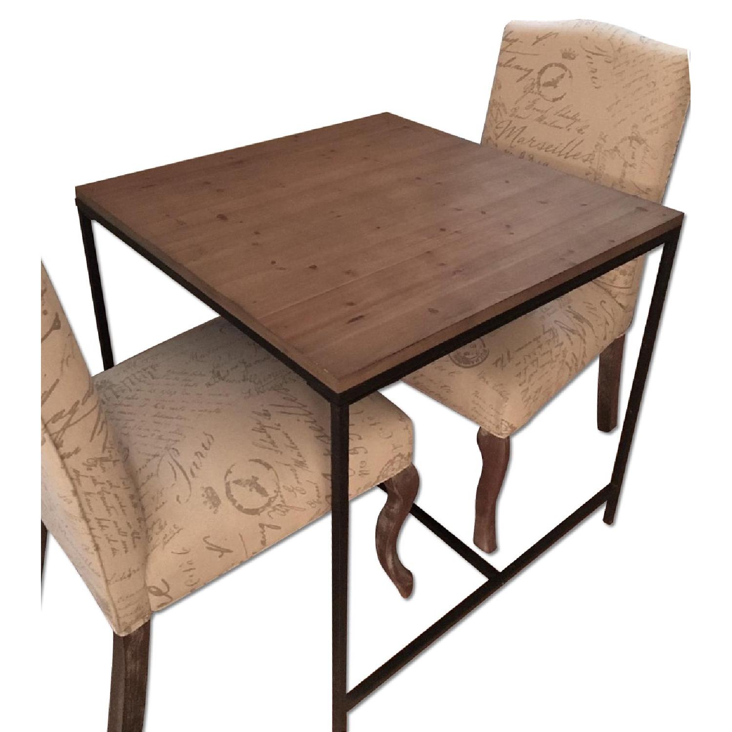 Industrial Wood & Metal Square Table w/ 2 French-Script Chairs - image-0